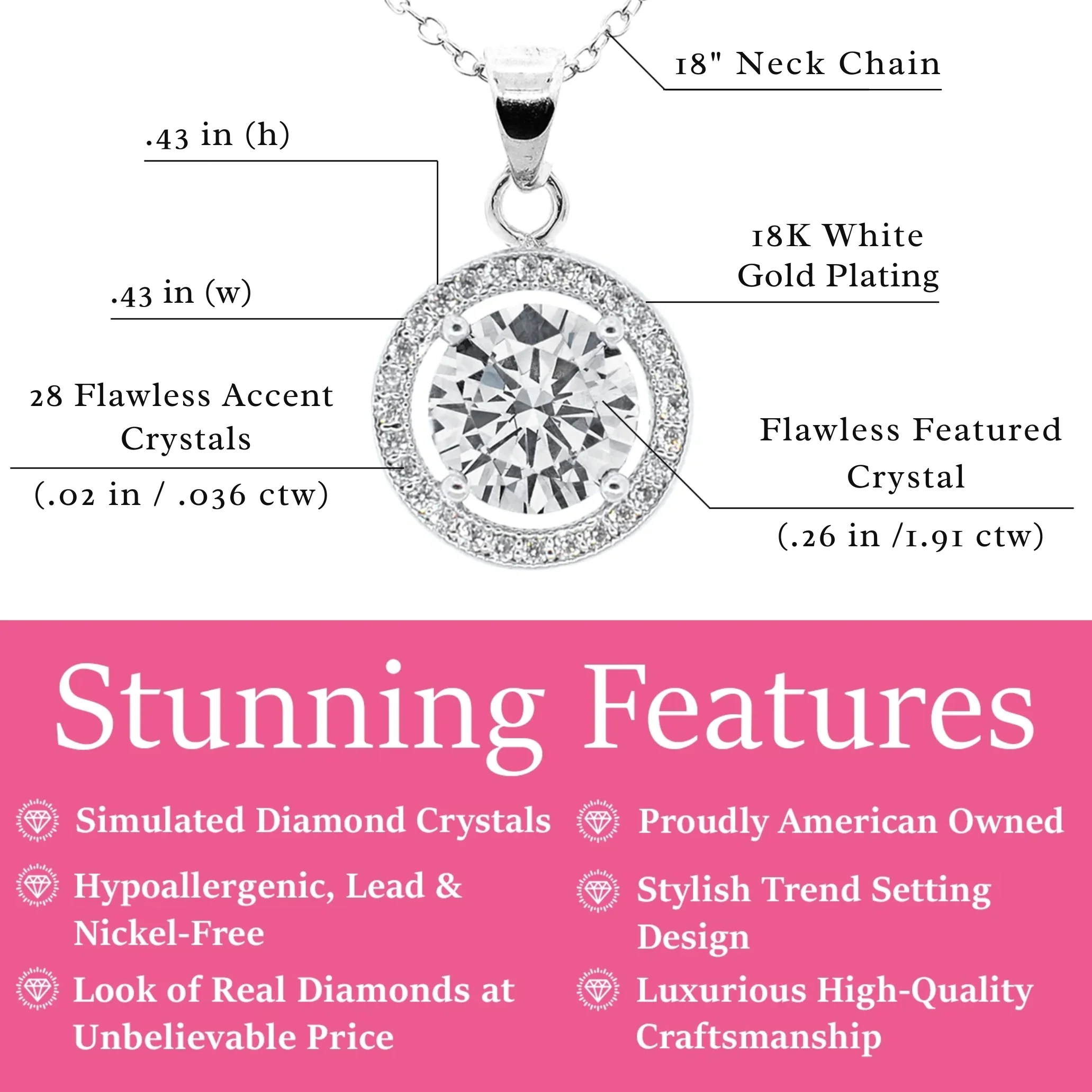 Blake 18k White Gold Plated Halo Pendant Necklace with Simulated Diamond Crystals - Image 3