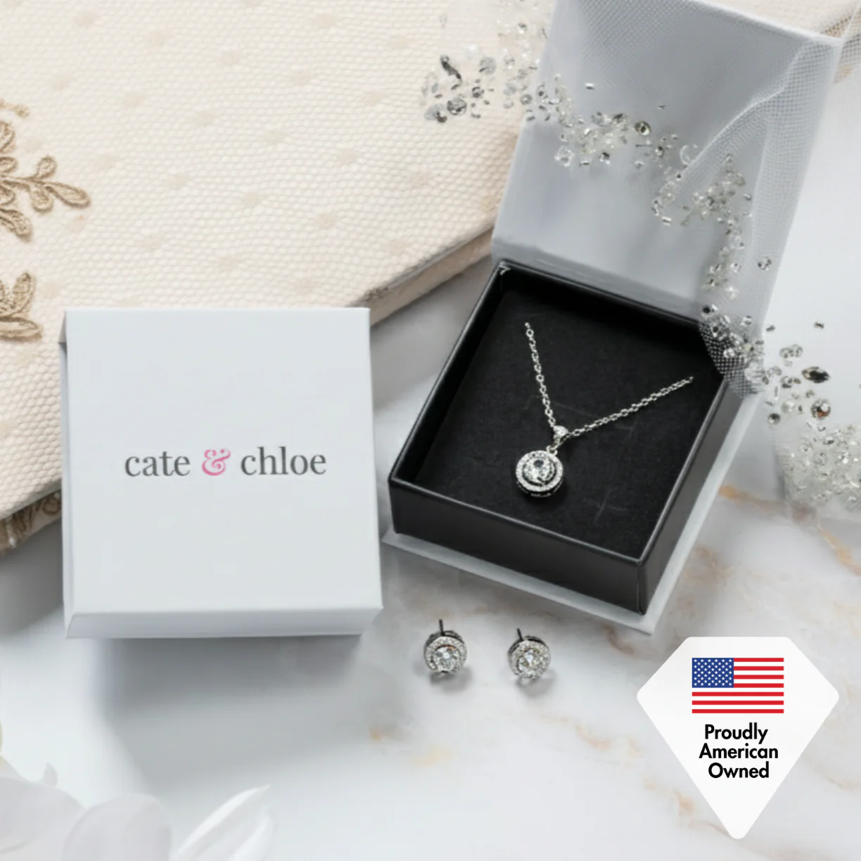 Blake 18k White Gold Plated Halo Stud Earrings and Necklace Jewelry Set with Simulated Diamond Crystals - Image 8