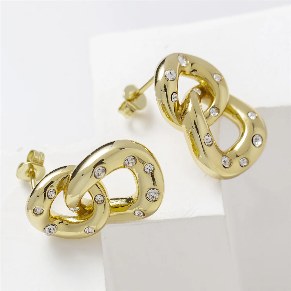 Bonnie 18k White Gold Double Link Chain Drop Earrings with Swarovski Crystals - Image 12
