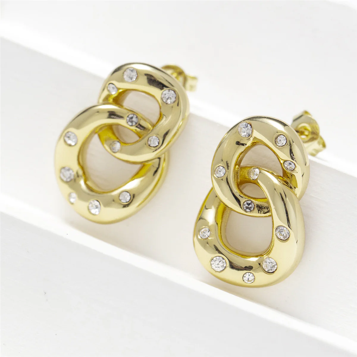 Bonnie 18k White Gold Double Link Chain Drop Earrings with Swarovski Crystals - Image 14
