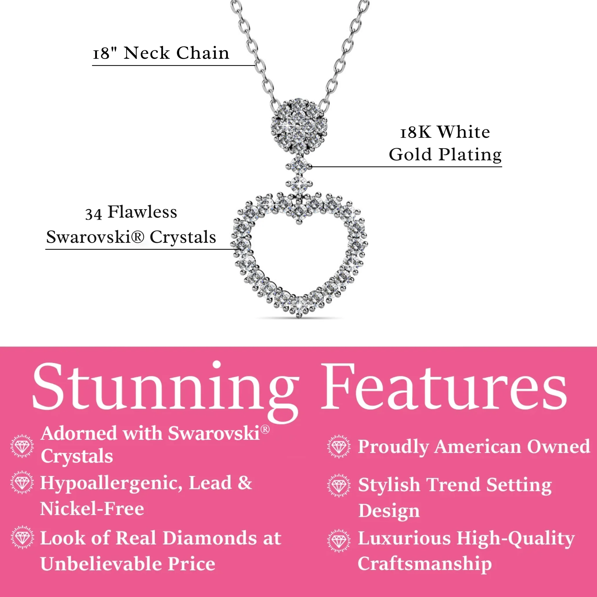 Brynn 18k White Gold Plated Heart Pendant Necklace with Swarovski Crystals - Image 3