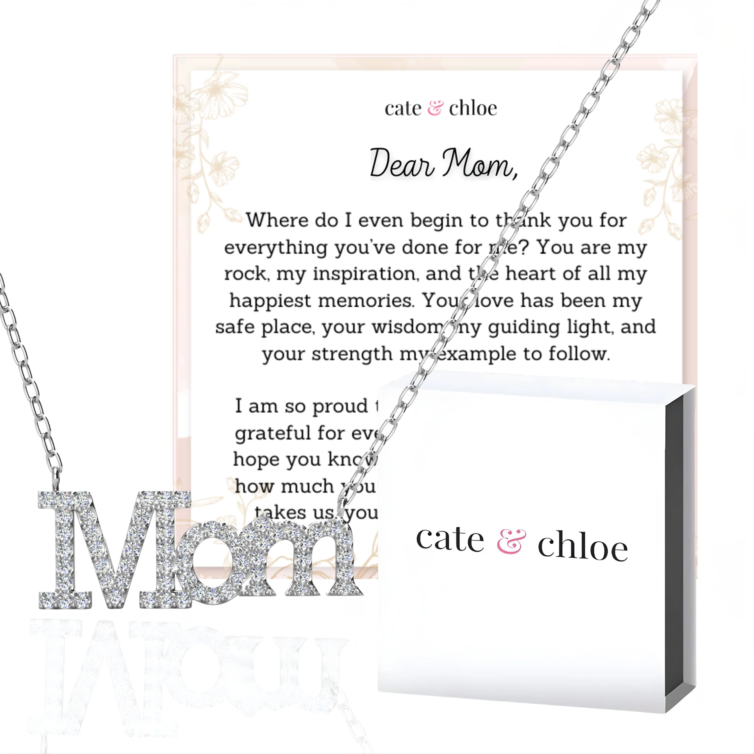Carrie 18k White Gold Plated Necklace with Swarovski Crystals & Heartfelt Message for Mom