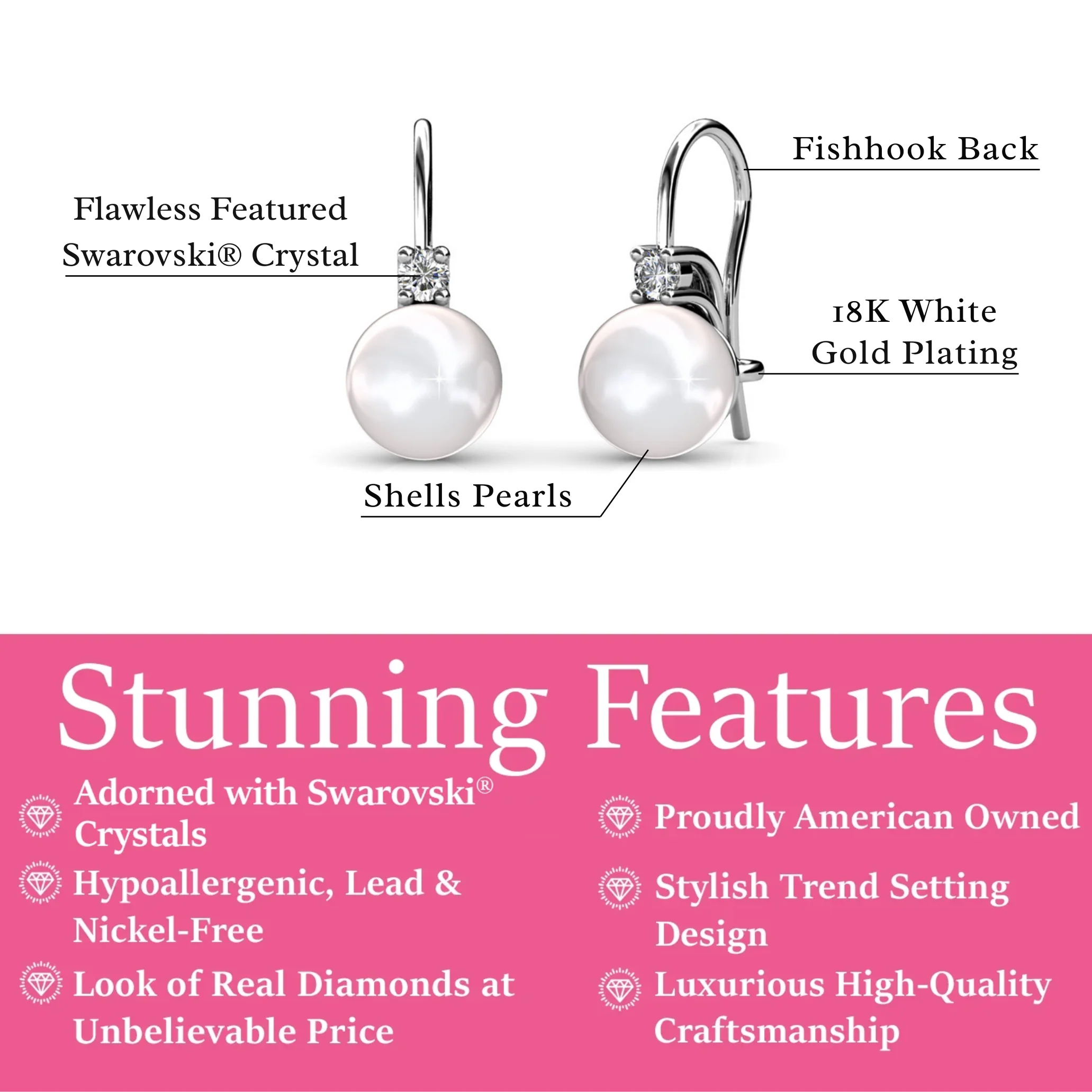 Cassie 18k White Gold Plated Pearl Drop Earrings with Swarovski Crystals - Image 3
