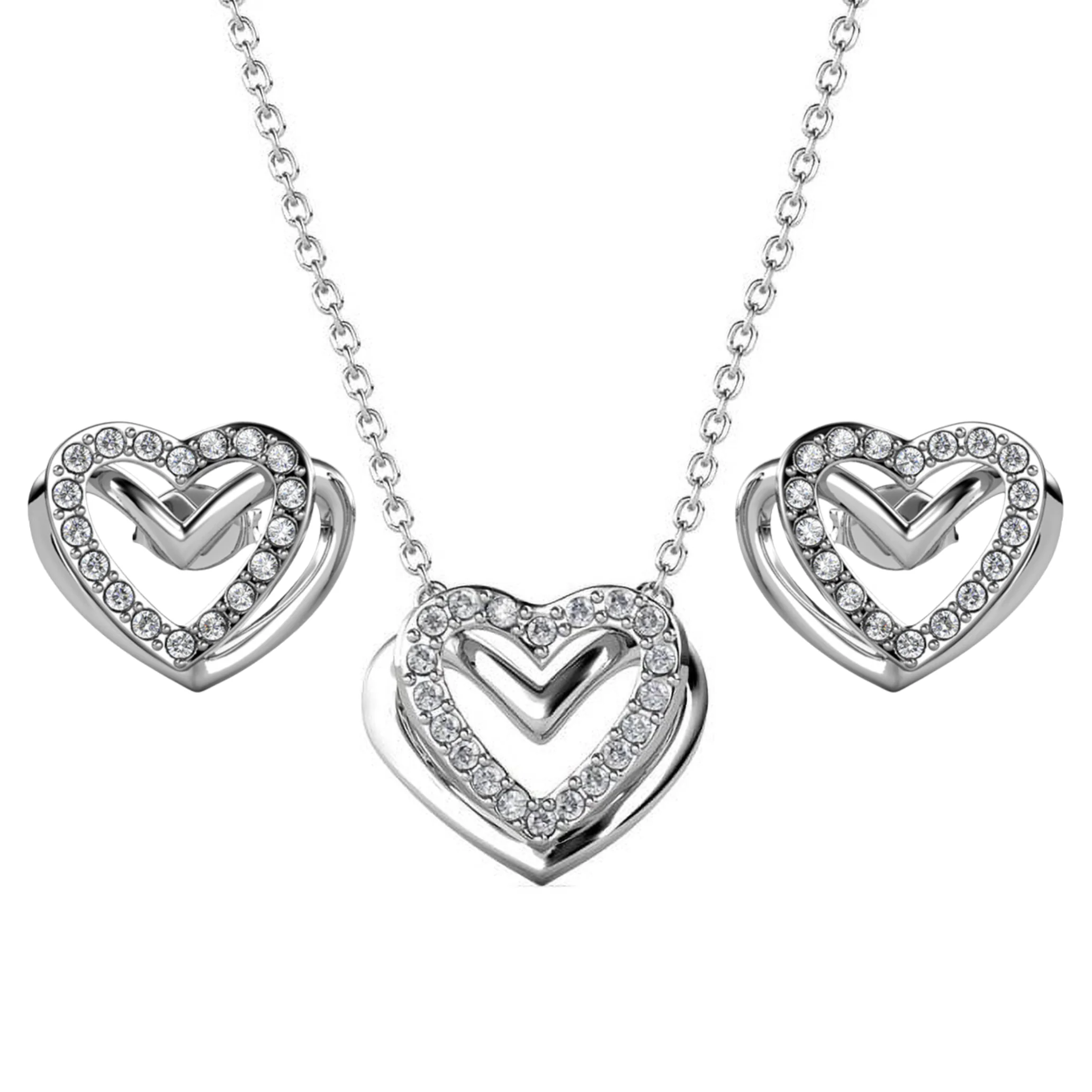 Cathy 18k White Gold Heart Necklace and Stud Earrings Jewelry Set with Crystals
