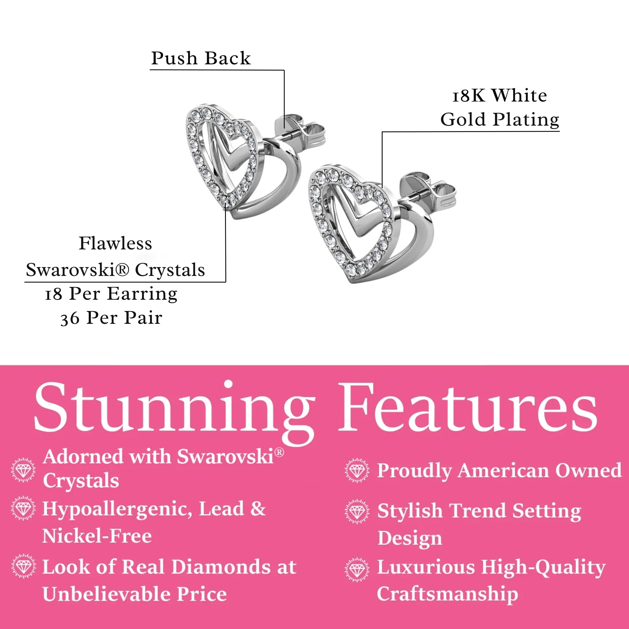 Cathy 18k White Gold Plated Heart Stud Earrings with Swarovski Crystals - Image 3
