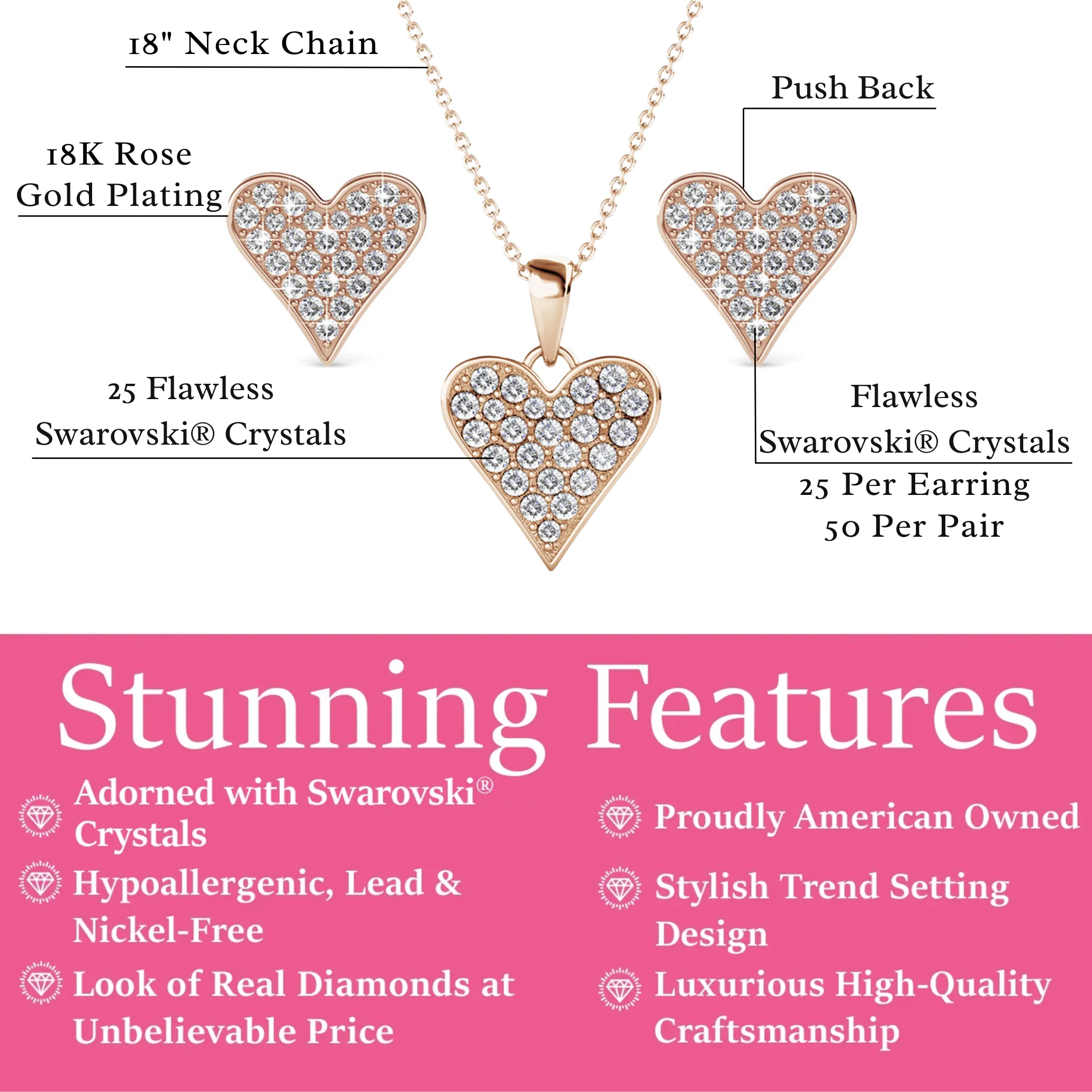 Cecilia 18k White Gold Heart Necklace and Stud Earrings Jewelry Set with Crystals - Image 15