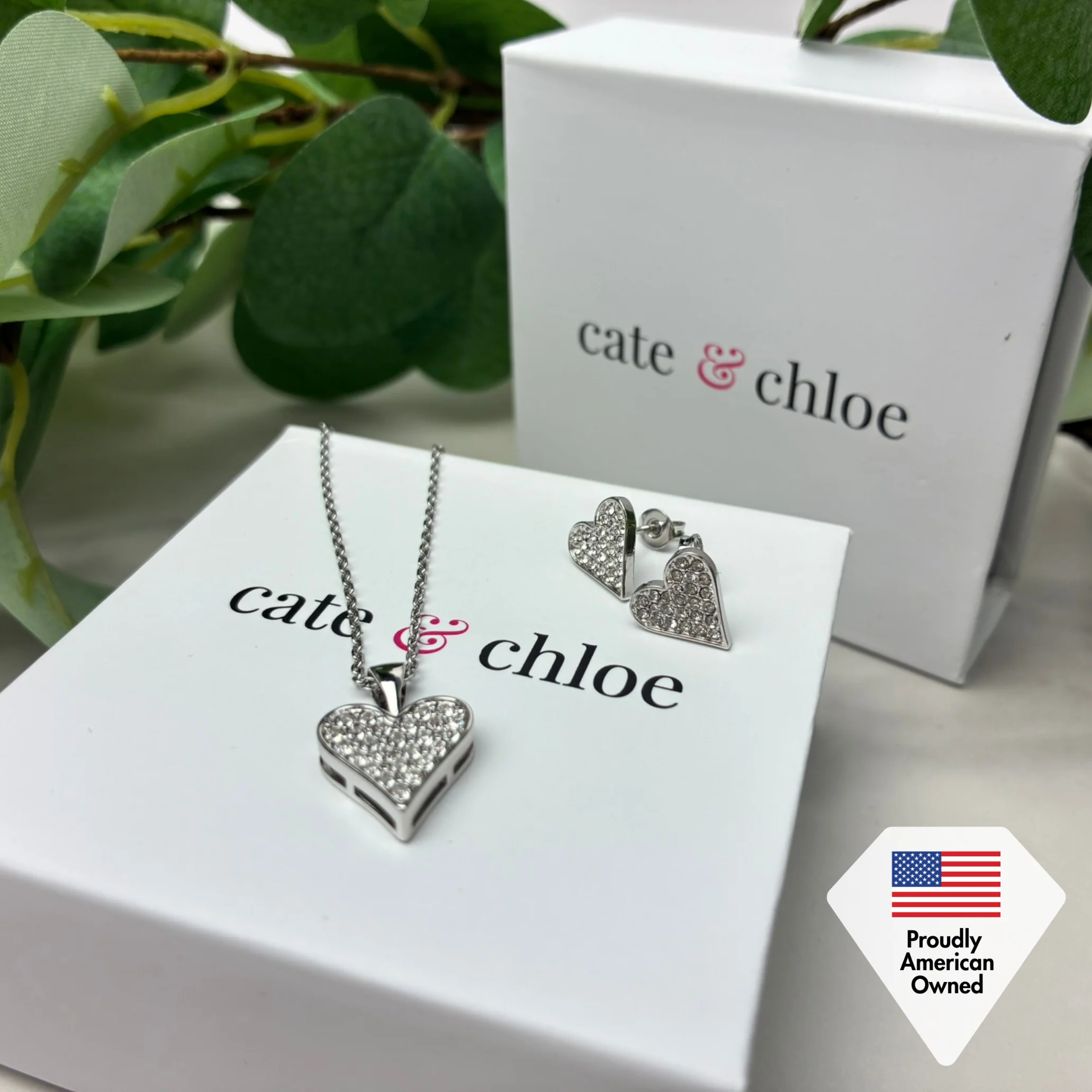 Cecilia 18k White Gold Heart Necklace and Stud Earrings Jewelry Set with Crystals - Image 6