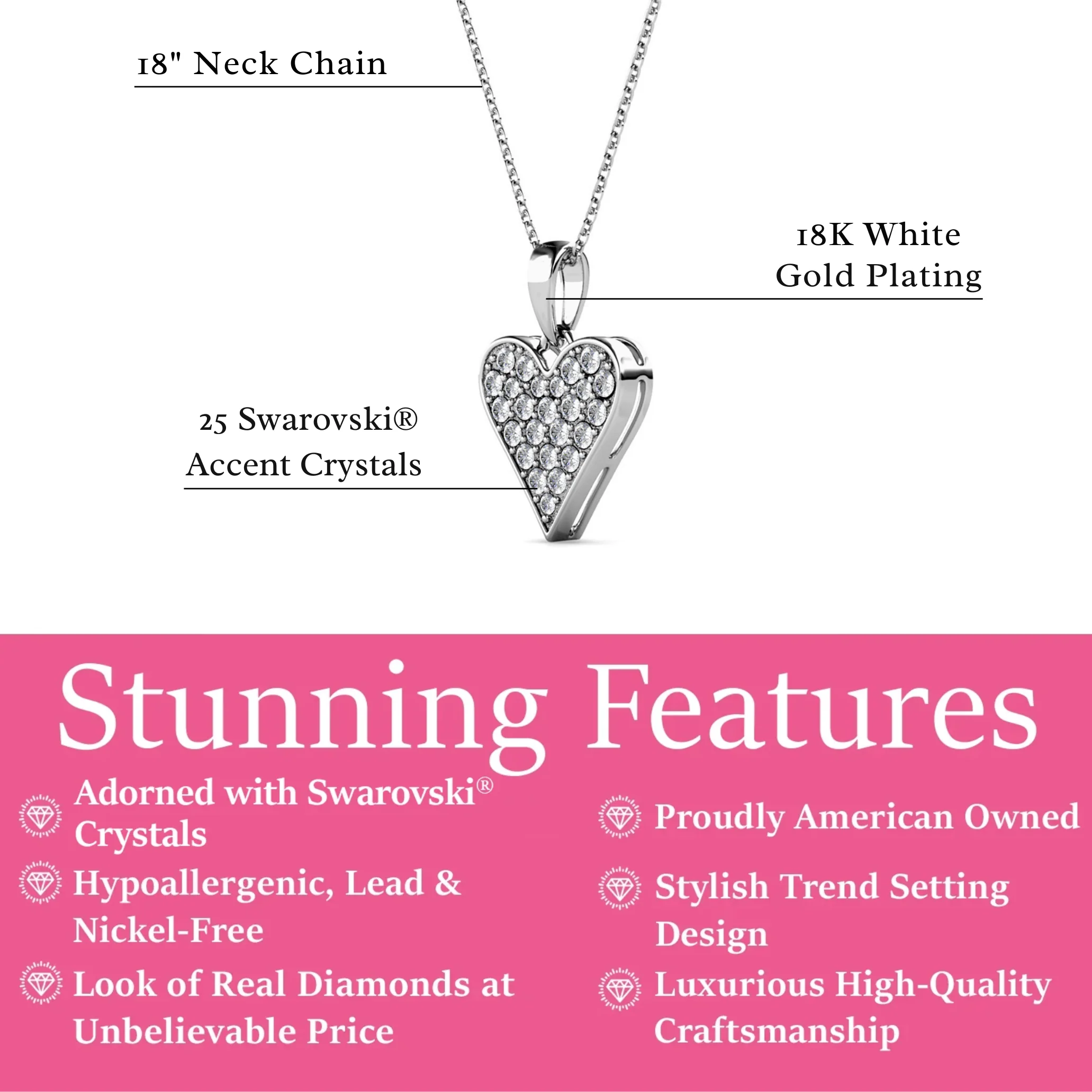 Cecilia 18k White Gold Plated Heart Pendant Necklace with Swarovski Crystals - Image 3