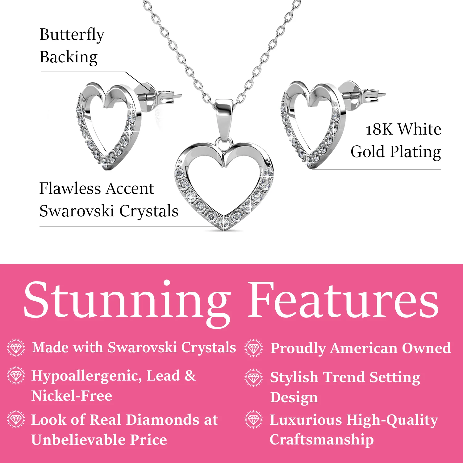 Chelsea 18k White Gold Plated Silver Heart Necklace and Earring Set with Swarovski Crystals - Image 3