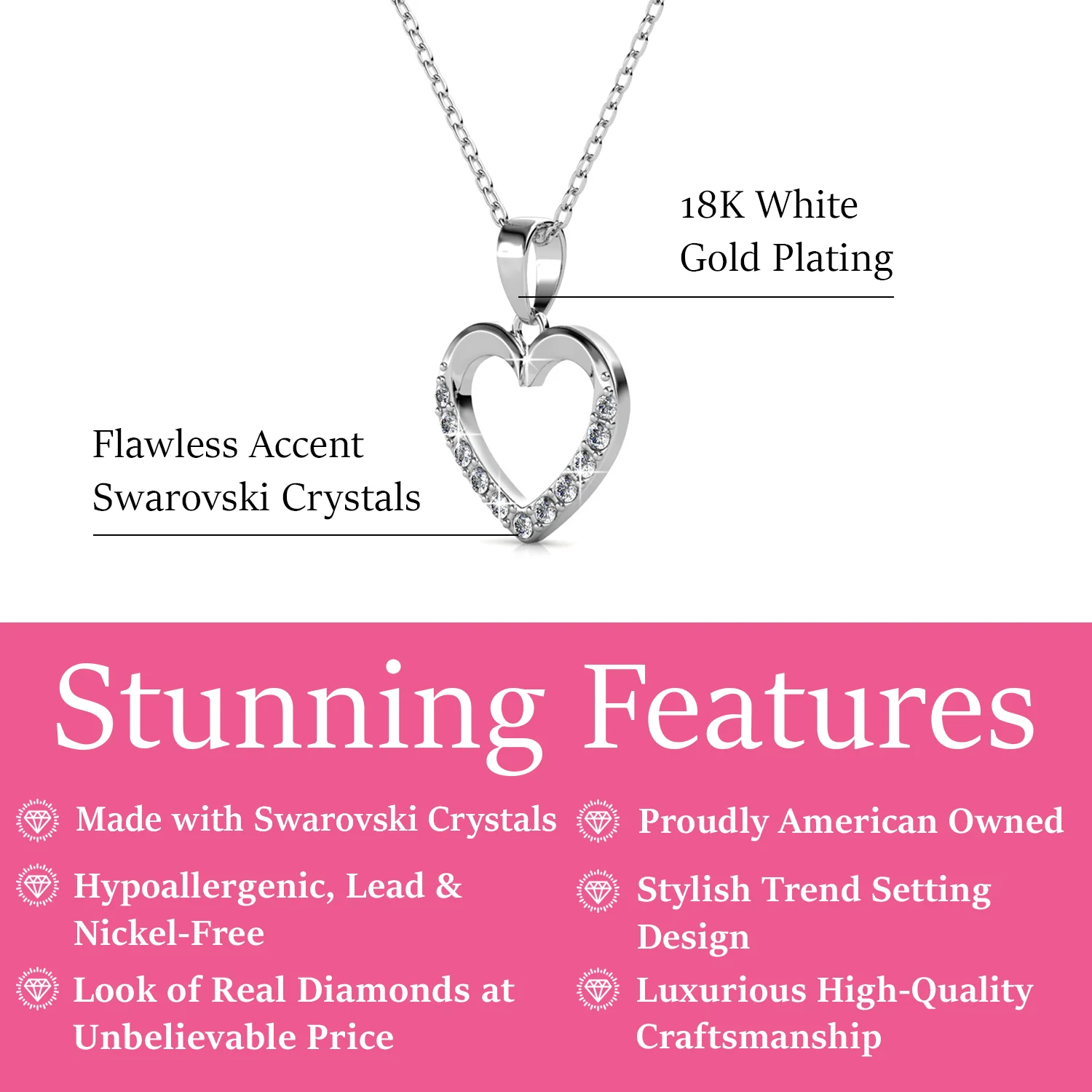 Chelsea 18k White Gold Plated Silver Heart Necklace with Swarovski Crystals - Image 3