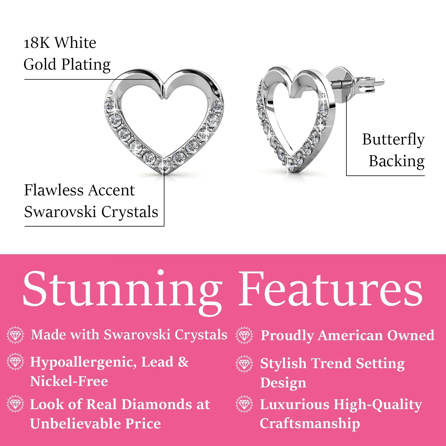 Chelsea 18k White Gold Plated Silver Heart Stud Earrings with Swarovski Crystals - Image 3