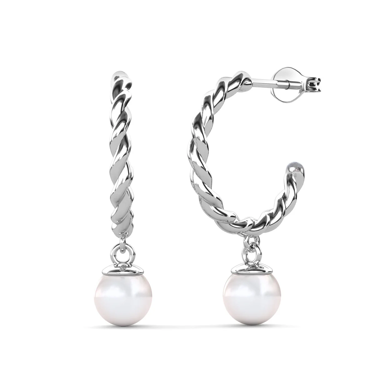 Cheyanne 18k White Gold Plated 16mm Twisted Half Hoop Drop Pearl Earrings