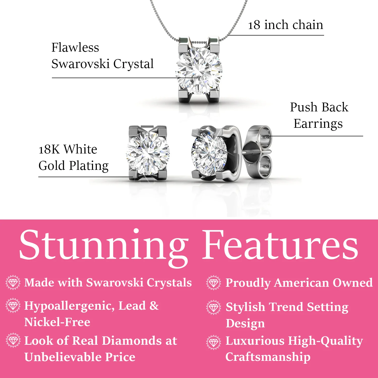 Clara 18k White Gold Plated Necklace and Earrings Jewelry Set with Solitaire Round Cut Swarovski Crystal - Image 2