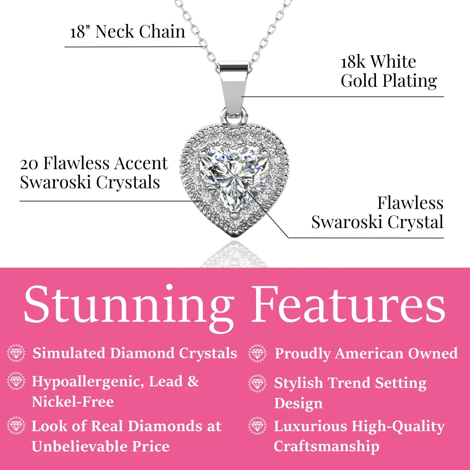 Coraline 18k White Gold Plated Heart Pendant Necklace with Simulated Diamond Crystals - Image 3