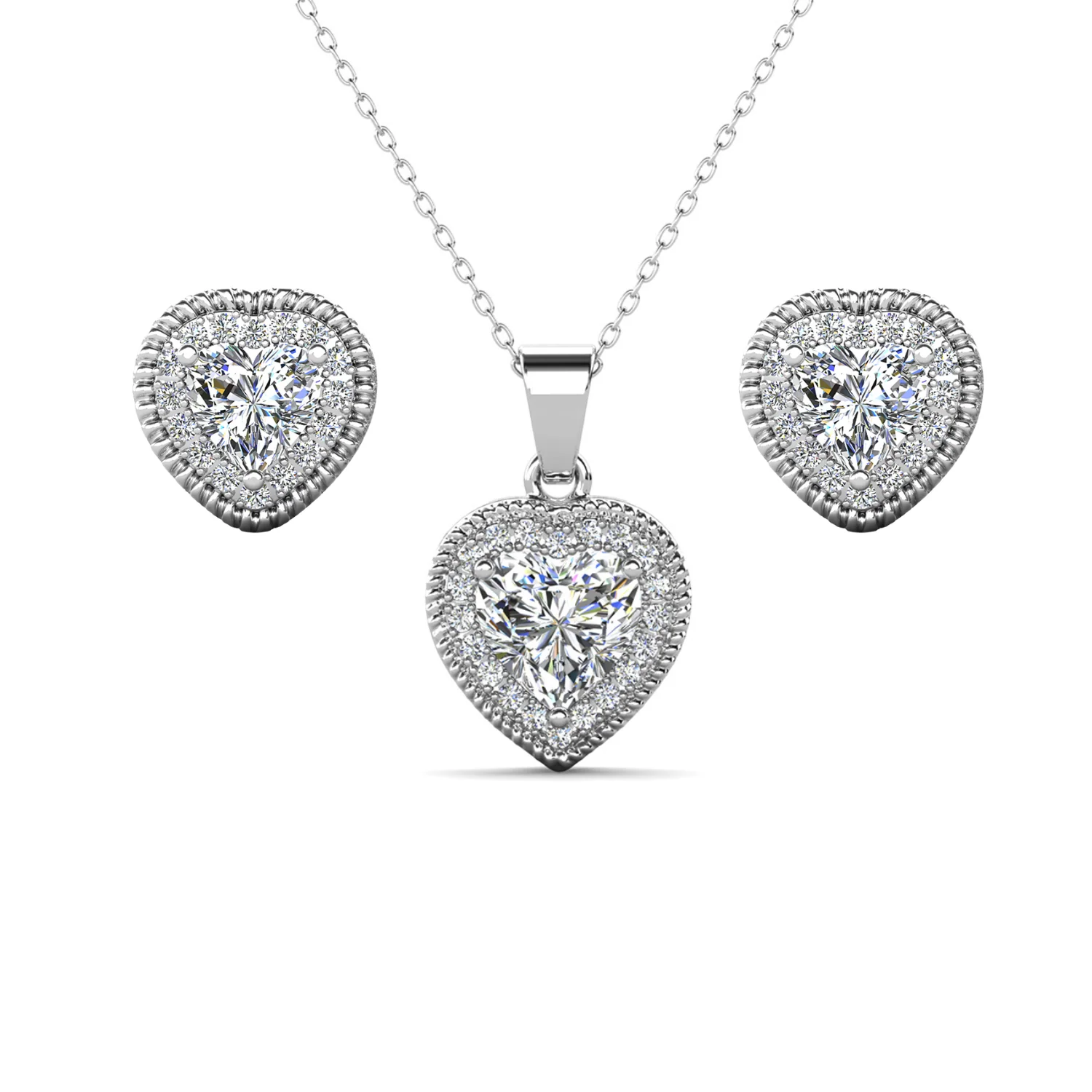 Coraline 18k White Gold Plated Heart Stud Earrings and Necklace Jewelry Set with Simulated Diamond Crystals