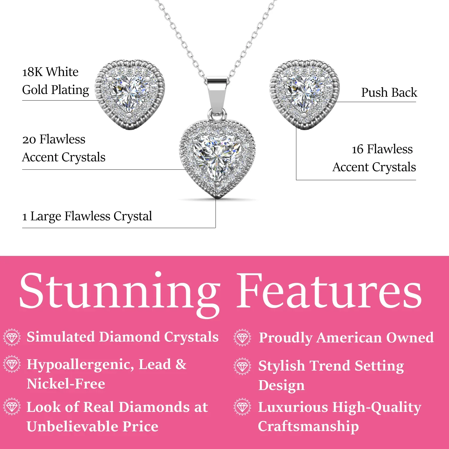 Coraline 18k White Gold Plated Heart Stud Earrings and Necklace Jewelry Set with Simulated Diamond Crystals - Image 3