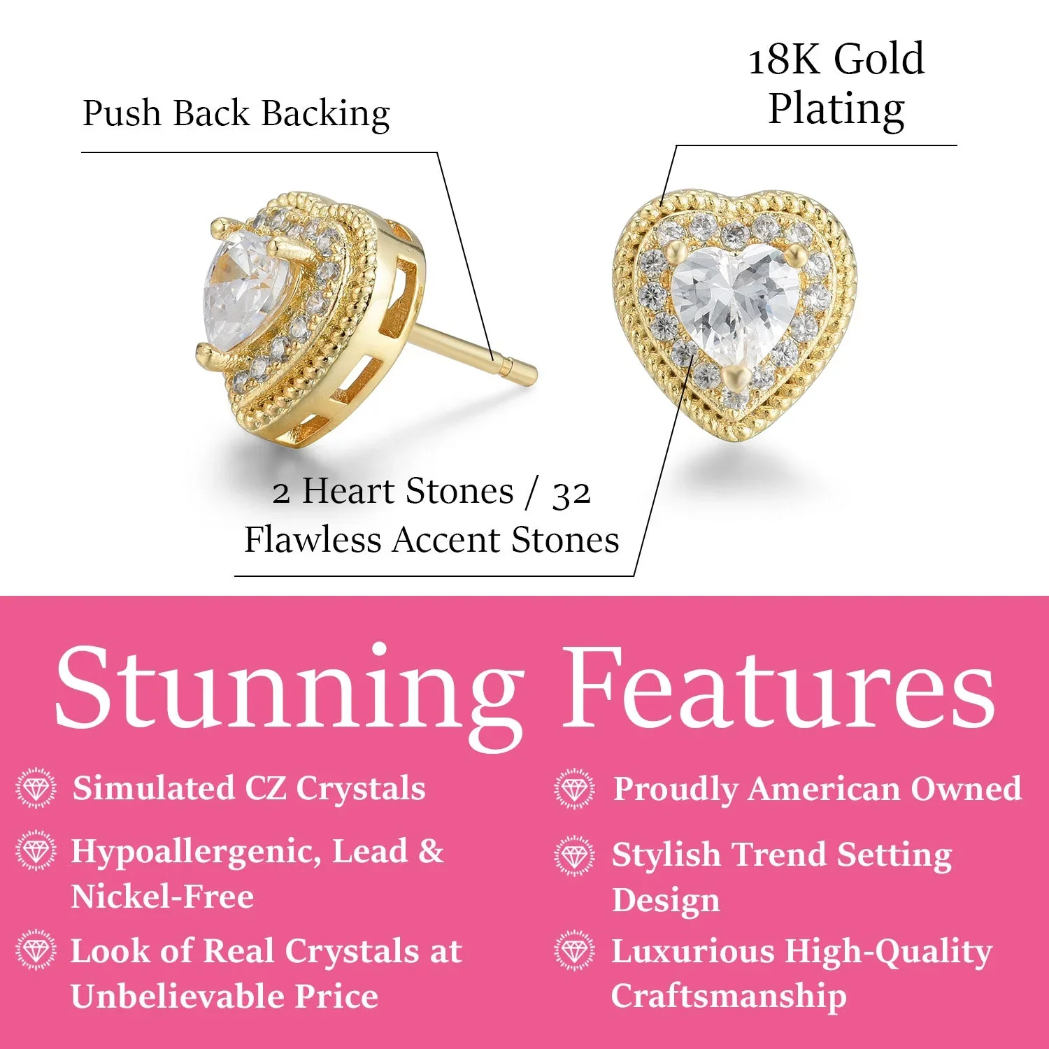 Coraline 18k White Gold Plated Silver Heart Stud Earrings with Simulated Diamond Crystals - Image 11