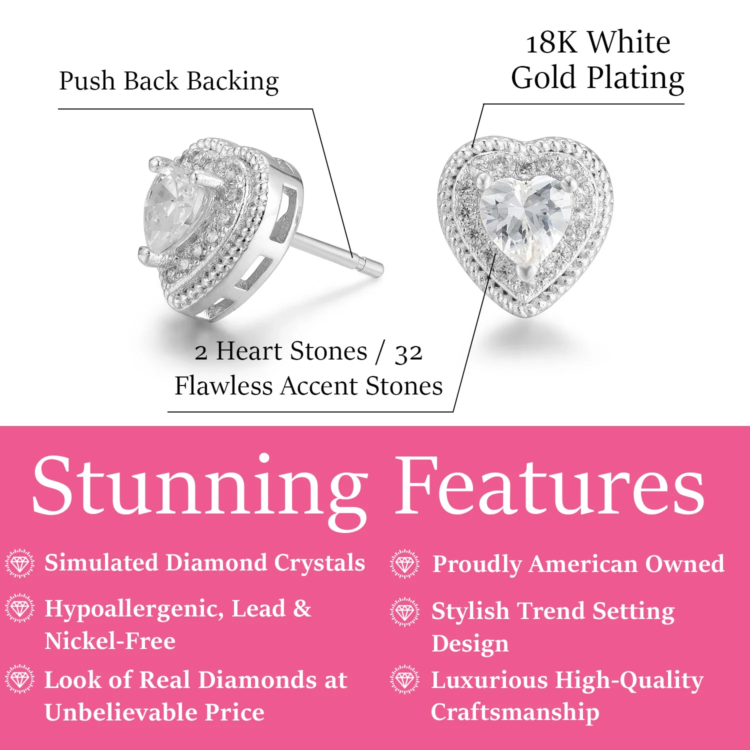 Coraline 18k White Gold Plated Silver Heart Stud Earrings with Simulated Diamond Crystals - Image 3