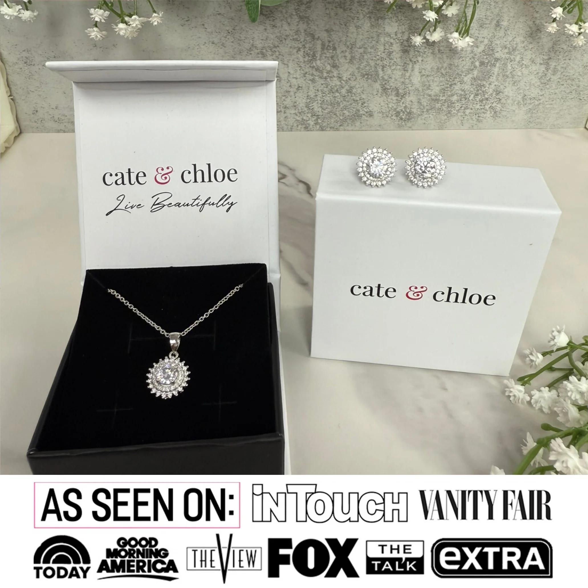 Cordelia 18k White Gold Necklace and Stud Earrings Jewelry Set with Simulated Diamond Crystals - Image 2