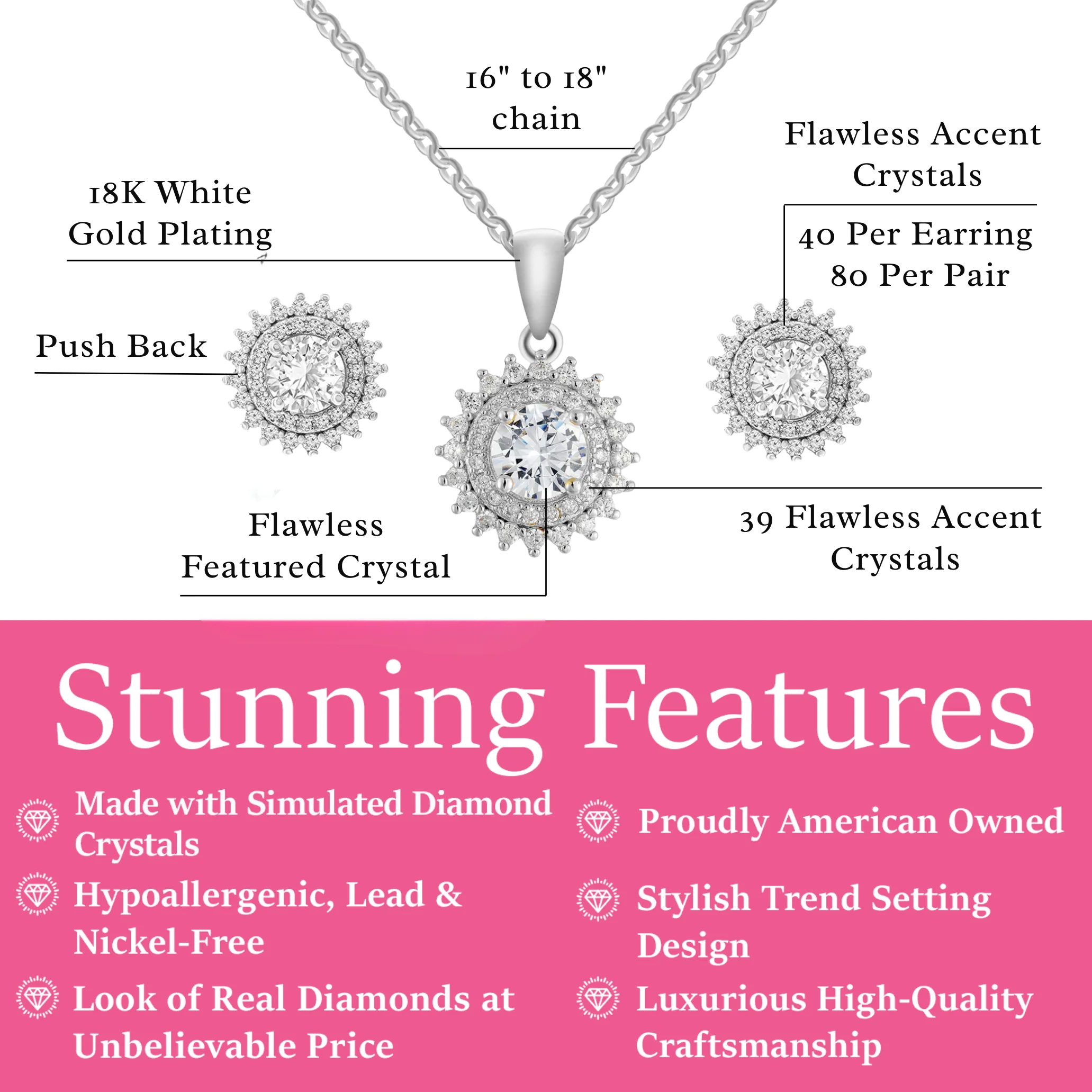 Cordelia 18k White Gold Necklace and Stud Earrings Jewelry Set with Simulated Diamond Crystals - Image 3