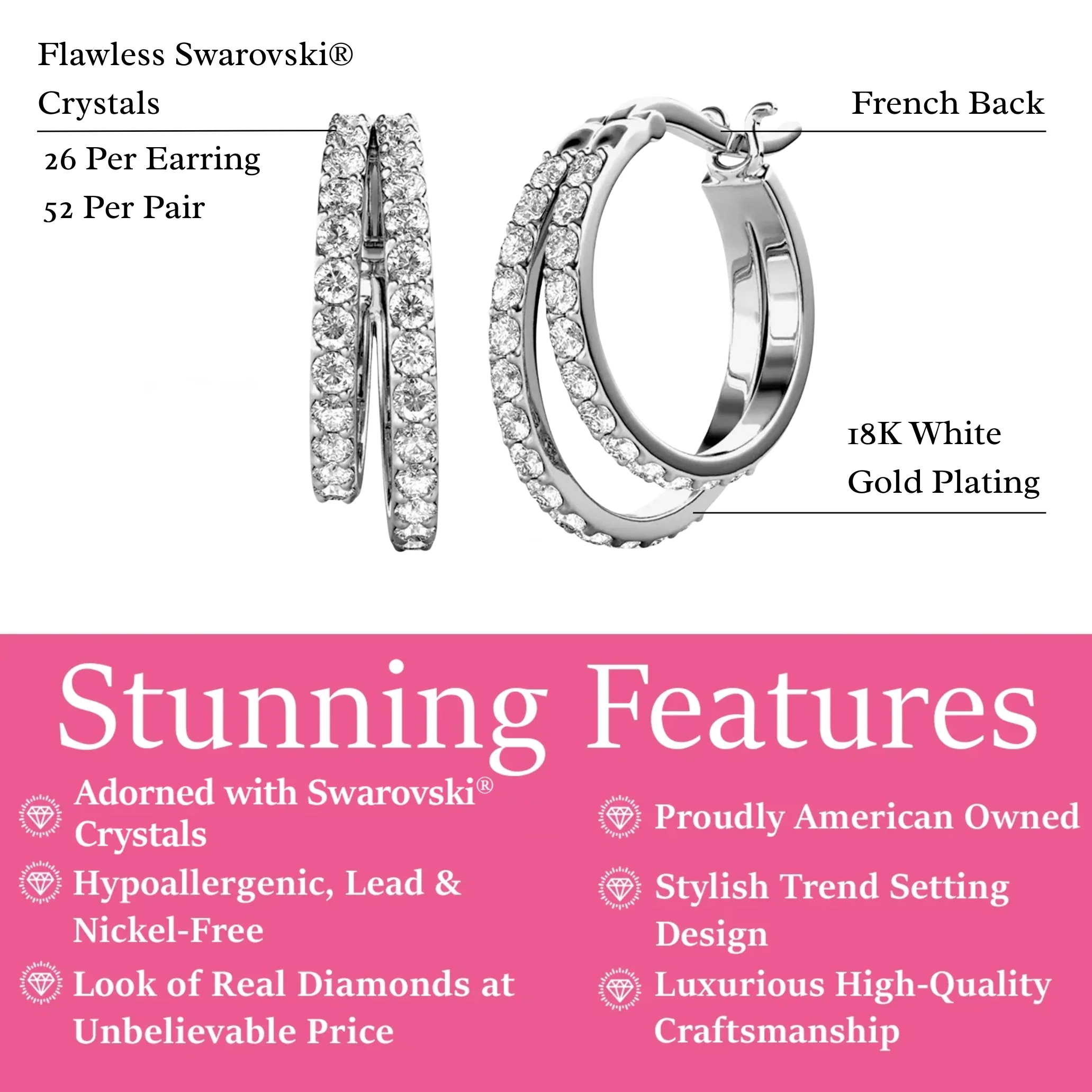 Corina 18k White Gold Plated 20mm Hoop Earrings with Swarovski Crystals - Image 3