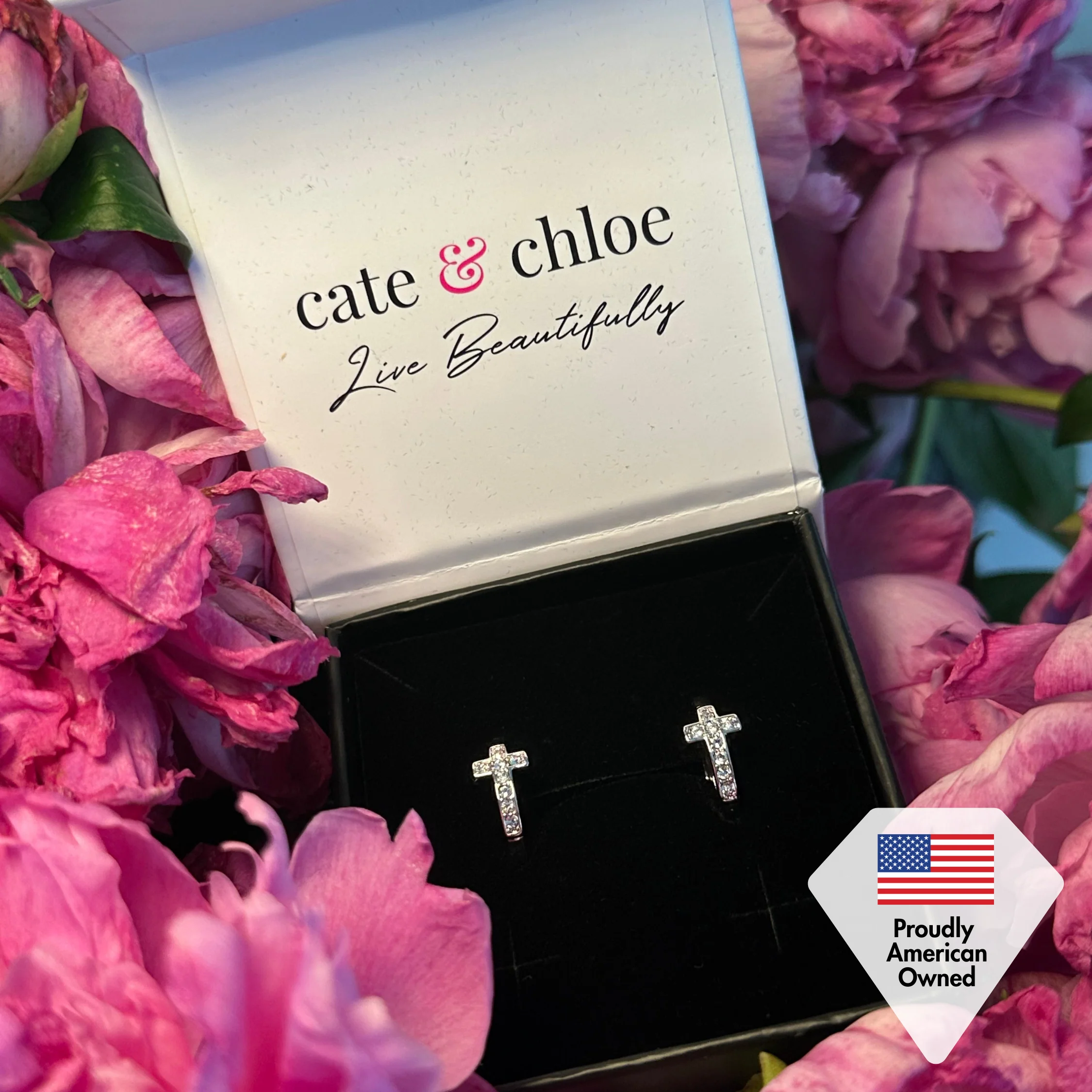 Danielle 18k White Gold Plated 18mm Hoop Cross Earrings with Swarovski Crystals - Image 7
