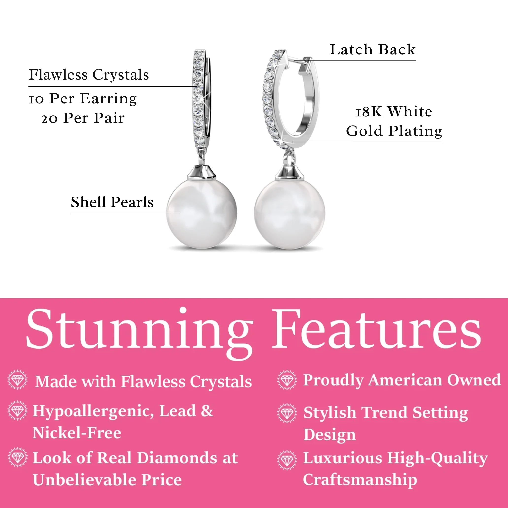 Daphne 18K White Gold Plated Pearl Dangle Earrings with Swarovski Crystals - Image 3