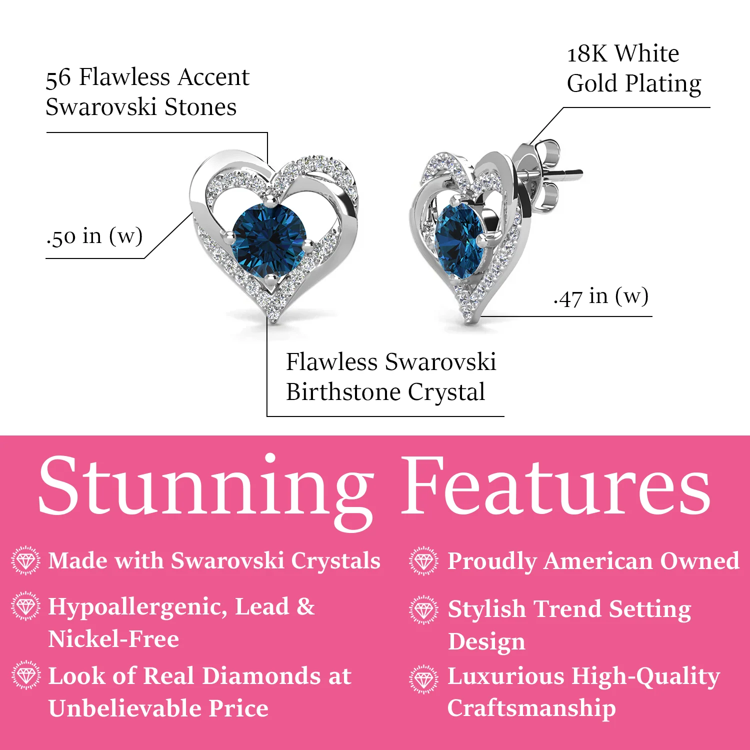 Forever December Birthstone Diamond 18k White Gold Plated Silver Double Heart Earrings with Swarovski Crystals - Image 2