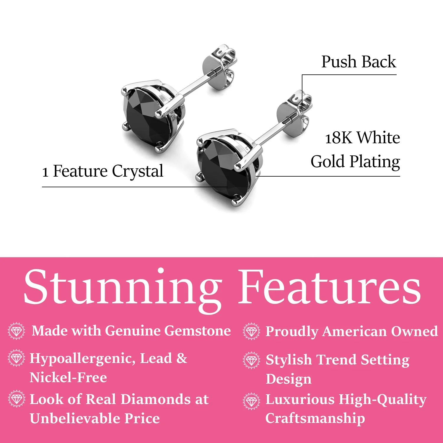 Dina 18k White Gold Plated Stud Earrings with Black Gemstone - Image 3