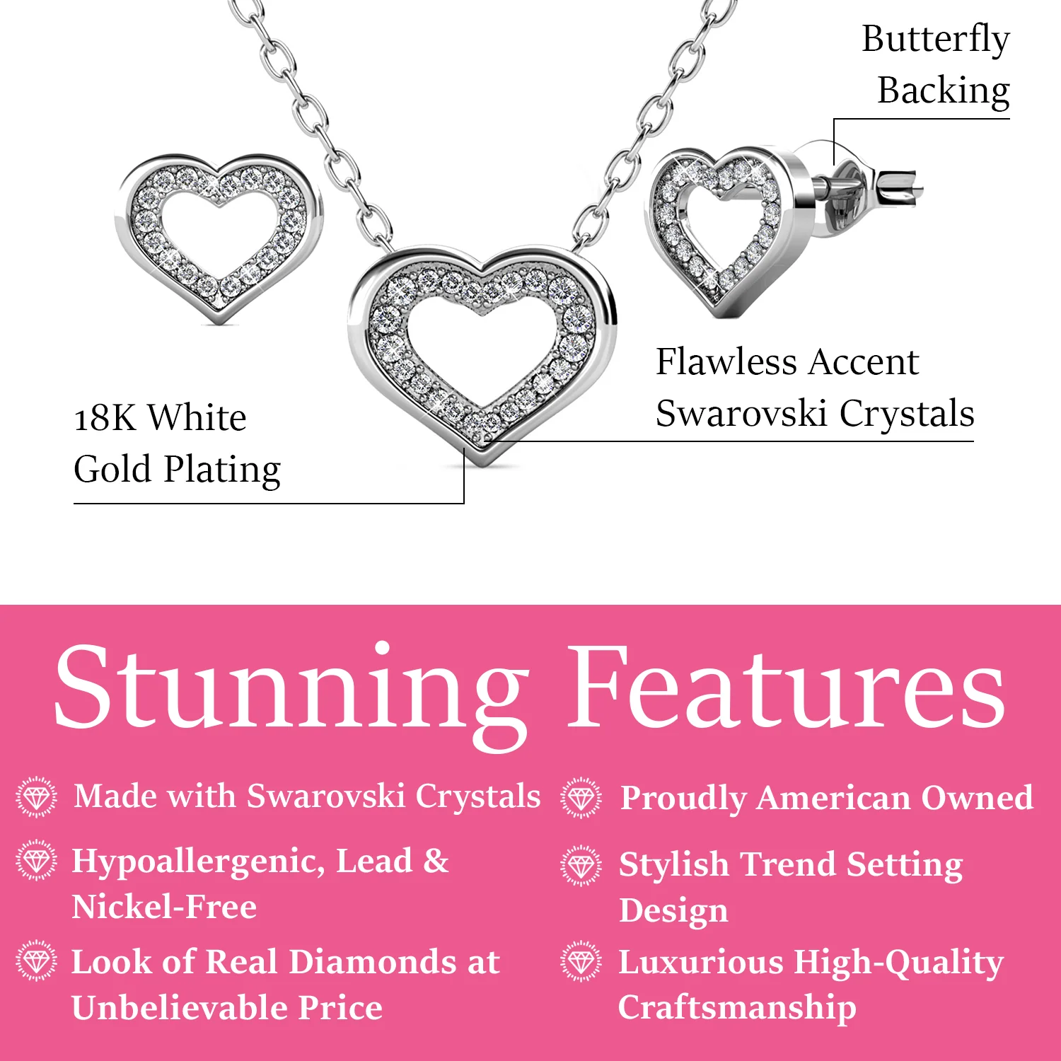 Dominique 18k White Gold Plated Silver Heart Necklace and Earring Set with Swarovski Crystals - Image 3