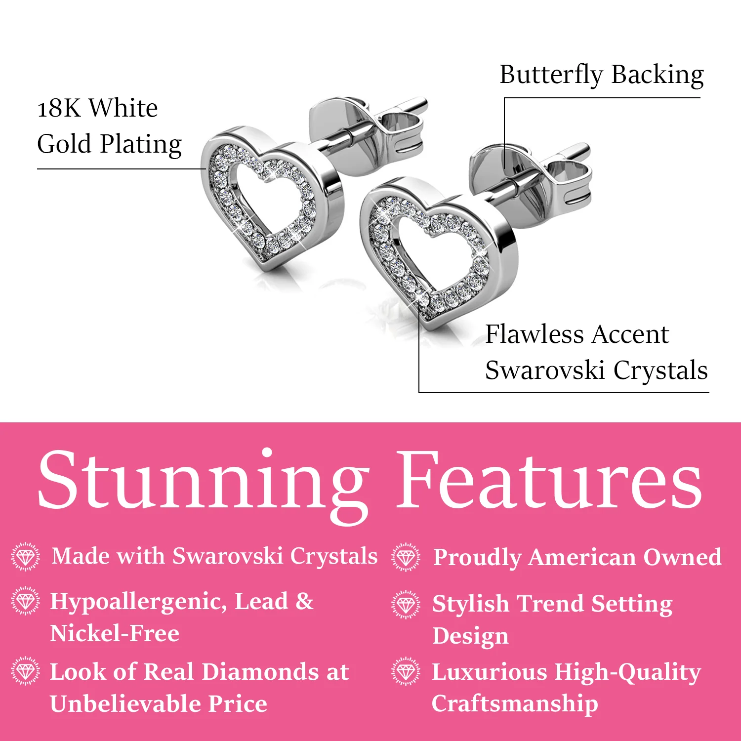 Dominique 18k White Gold Plated Silver Heart Stud Earrings with Swarovski Crystals - Image 3