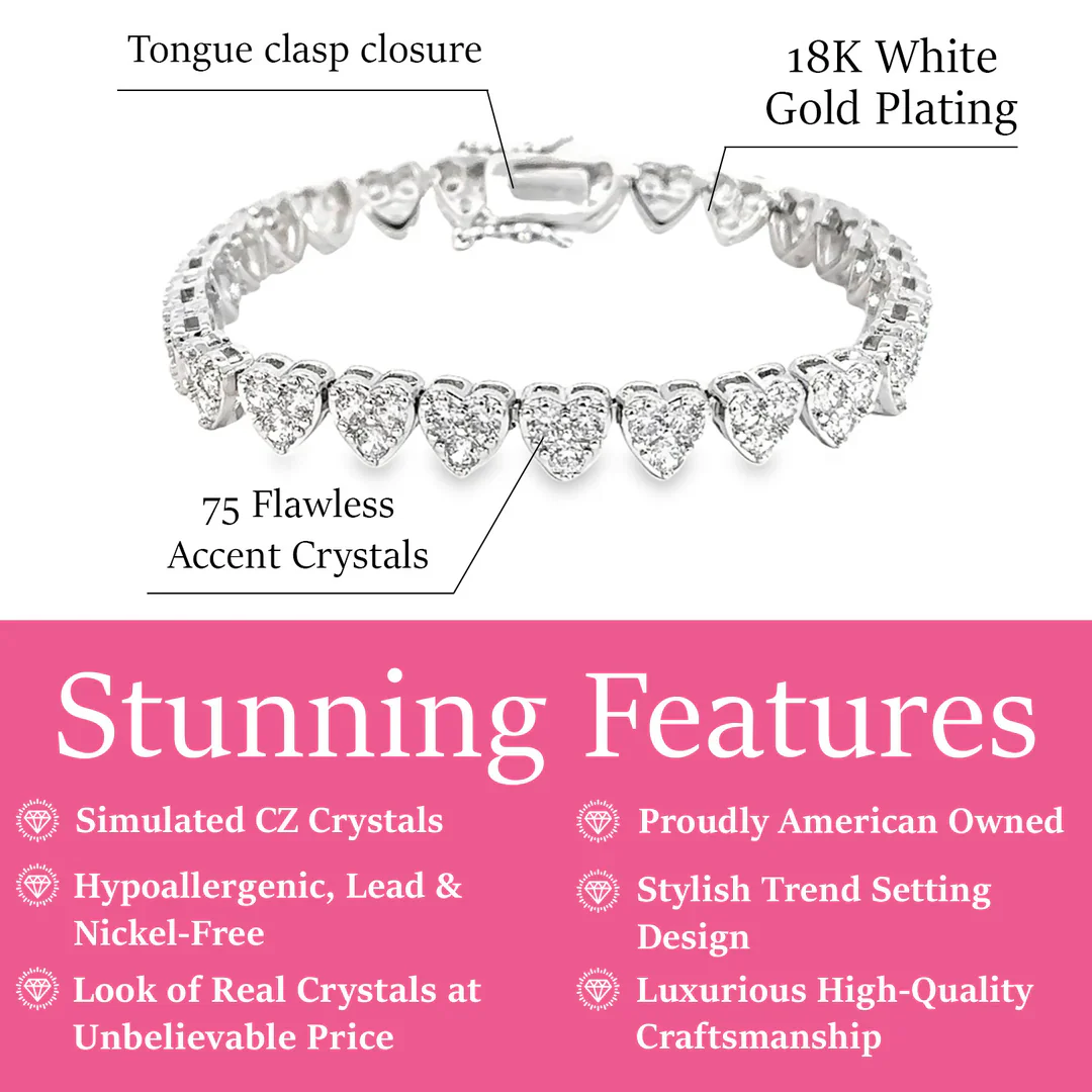 Donna 18k White Gold Plated Silver Heart Bracelet with Simulated Diamond Crystals - Image 3