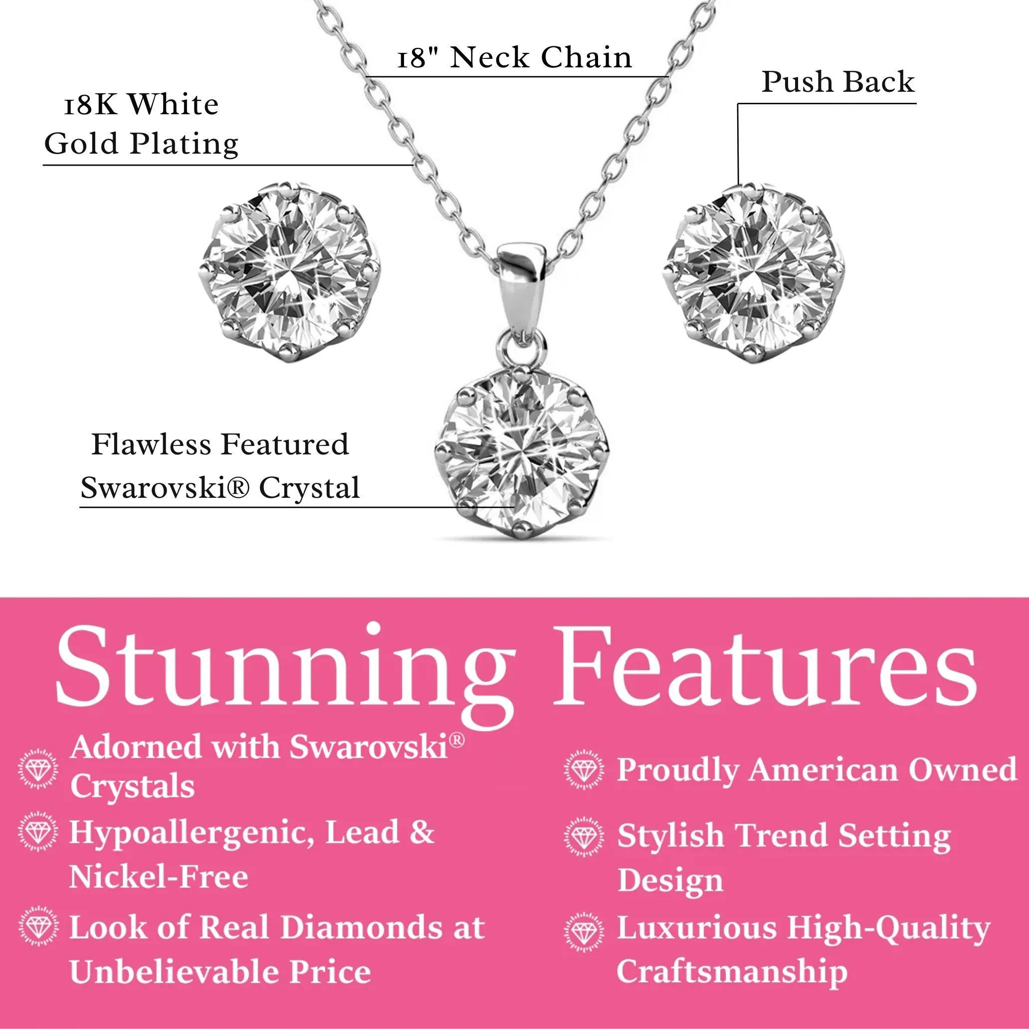 Eden 18k White Gold Plated Silver Necklace and Stud Earring Set with Swarovski Crystals - Image 3