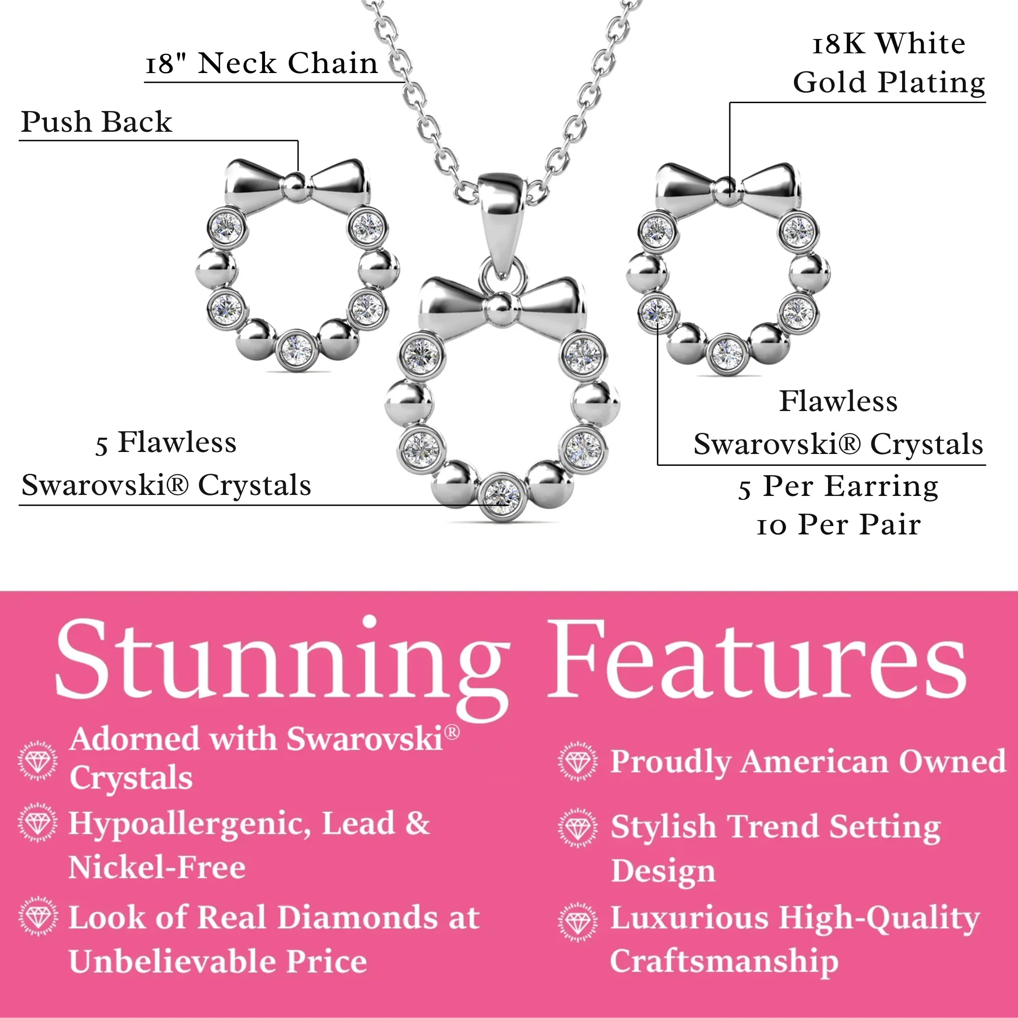 Edith 18k White Gold Plated Silver Ribbon Necklace and Earring Set with Swarovski Crystals - Image 3