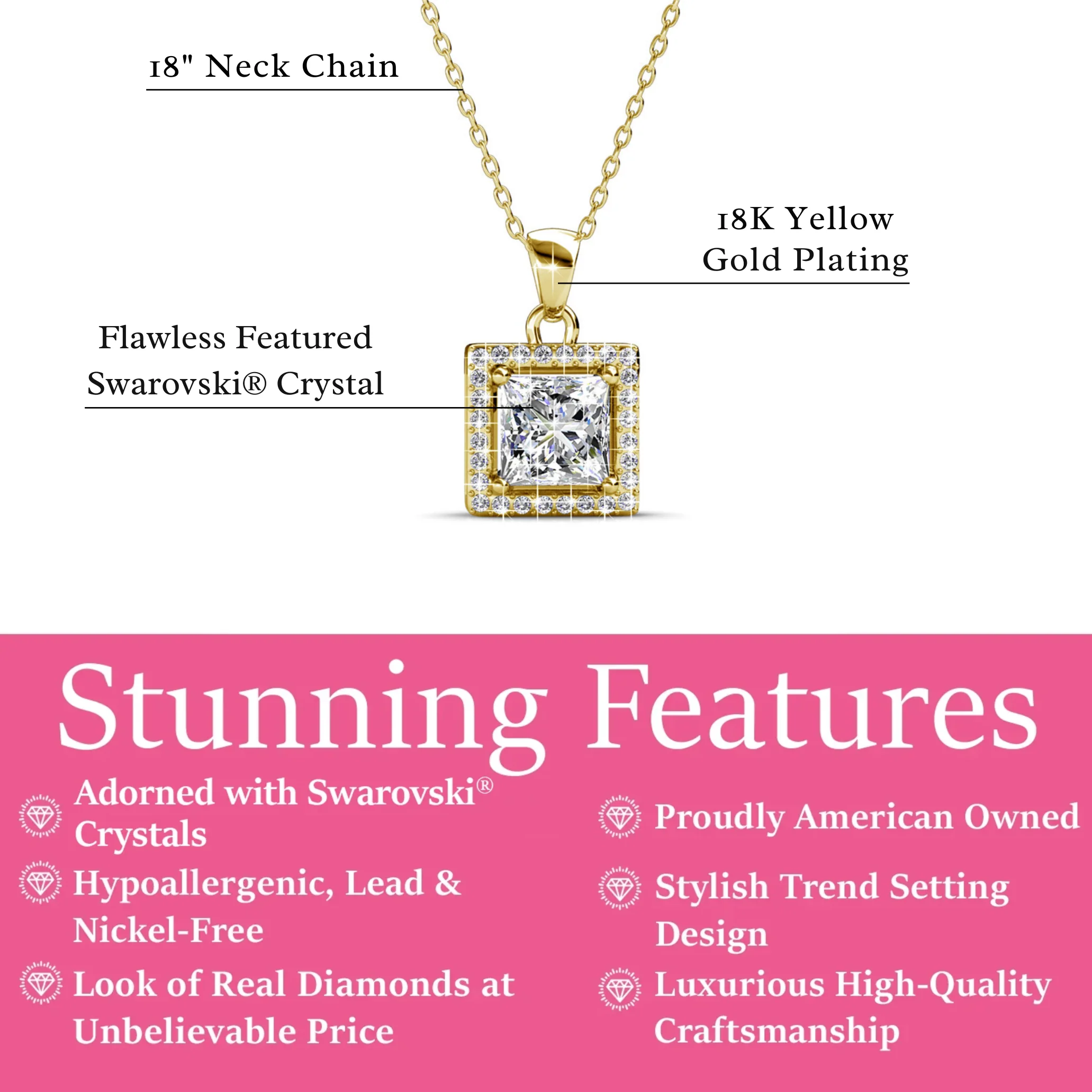 Ekatrina 18k White Gold Plated Halo Pendant Necklace with Sparkling Square Cut Swarovski Crystal - Image 10