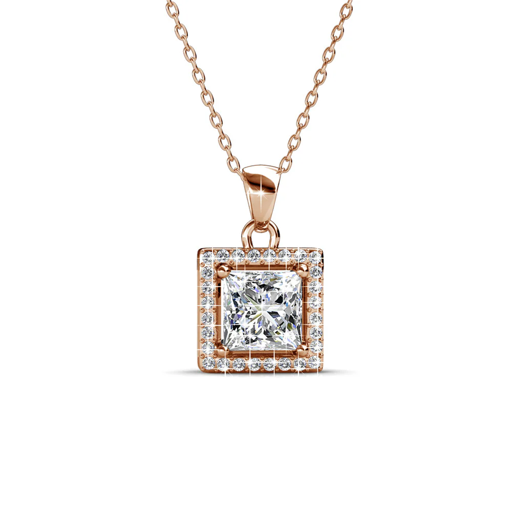 Ekatrina 18k White Gold Plated Halo Pendant Necklace with Sparkling Square Cut Swarovski Crystal - Image 11