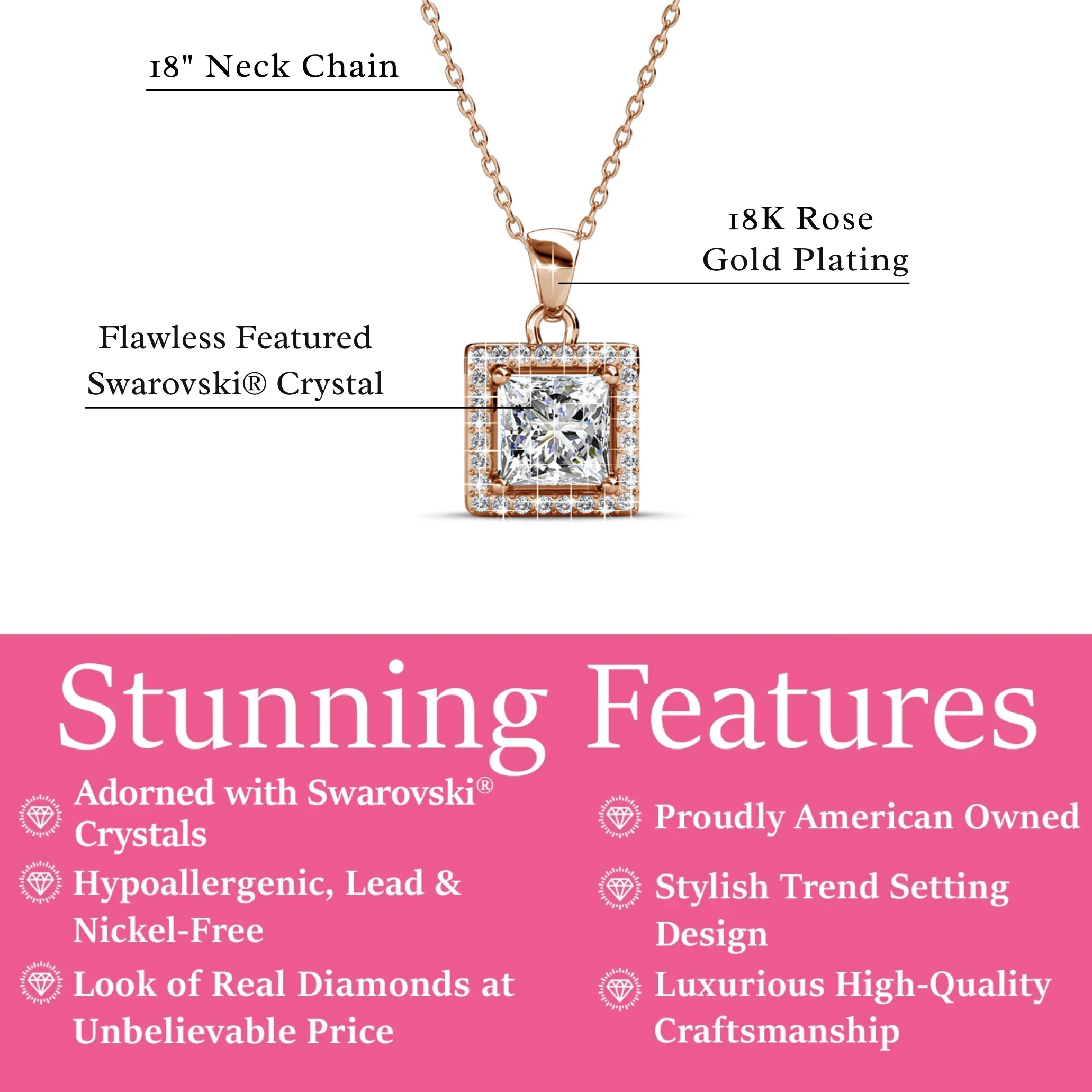 Ekatrina 18k White Gold Plated Halo Pendant Necklace with Sparkling Square Cut Swarovski Crystal - Image 12