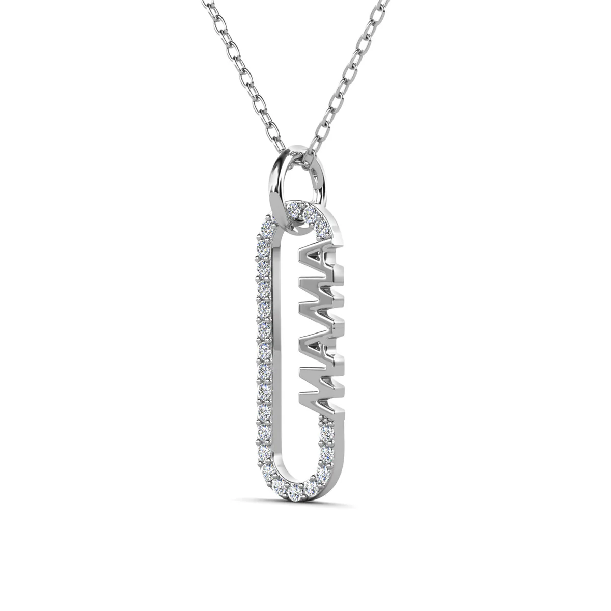 Elaine 18k White Gold Plated Mama Pendant Necklace with Simulated Diamond Crystals