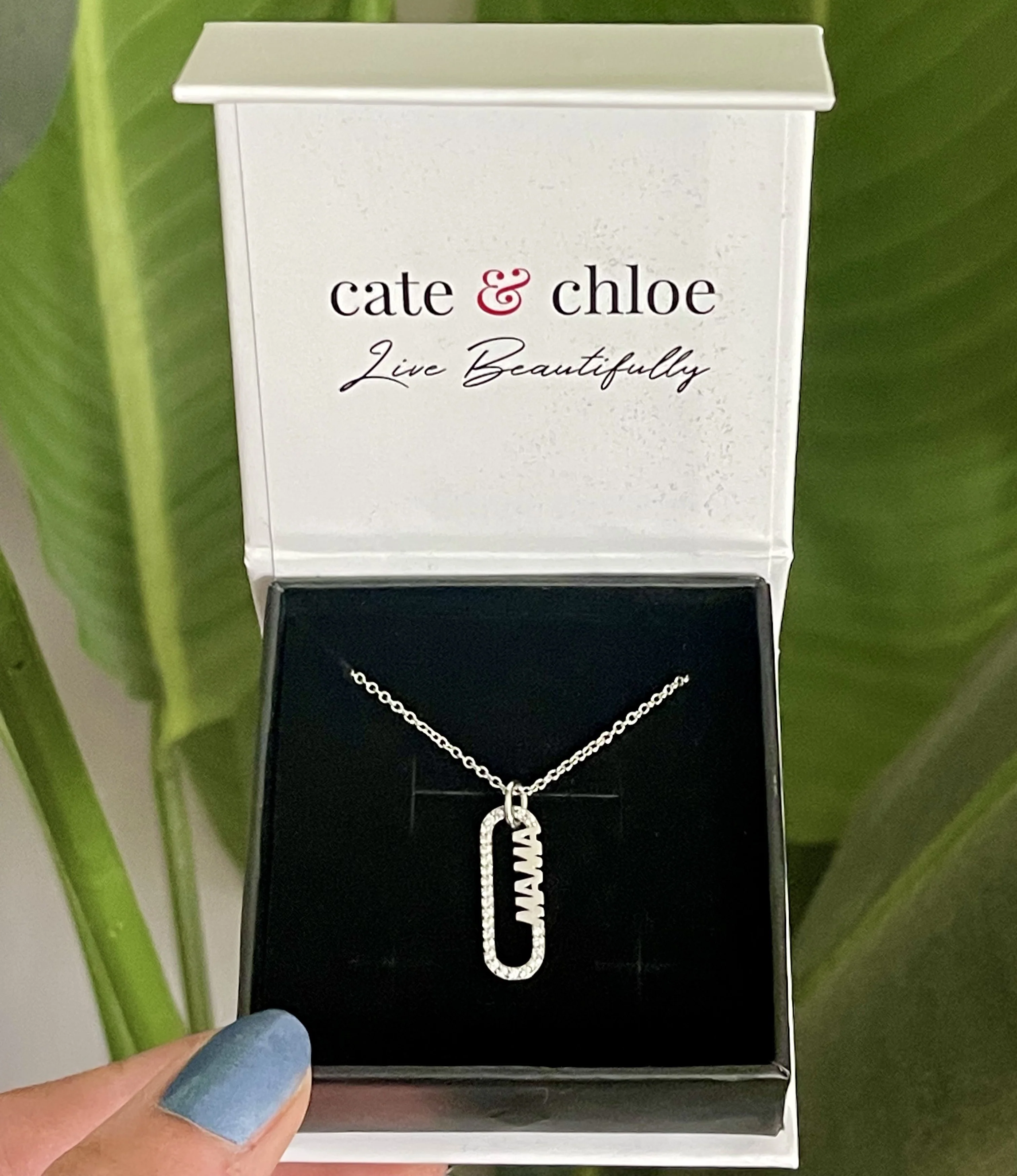 Elaine 18k White Gold Plated Mama Pendant Necklace with Simulated Diamond Crystals - Image 6