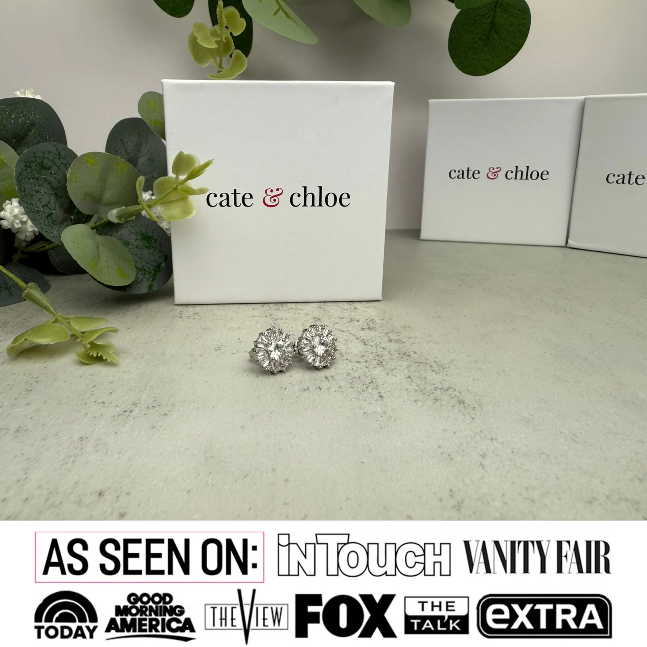 Ellee 18k White Gold Plated Stud Earrings with Simulated Diamond Crystals - Image 2
