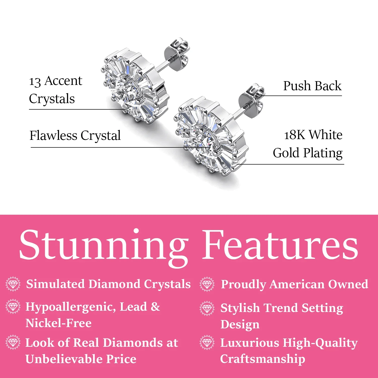 Ellee 18k White Gold Plated Stud Earrings with Simulated Diamond Crystals - Image 3