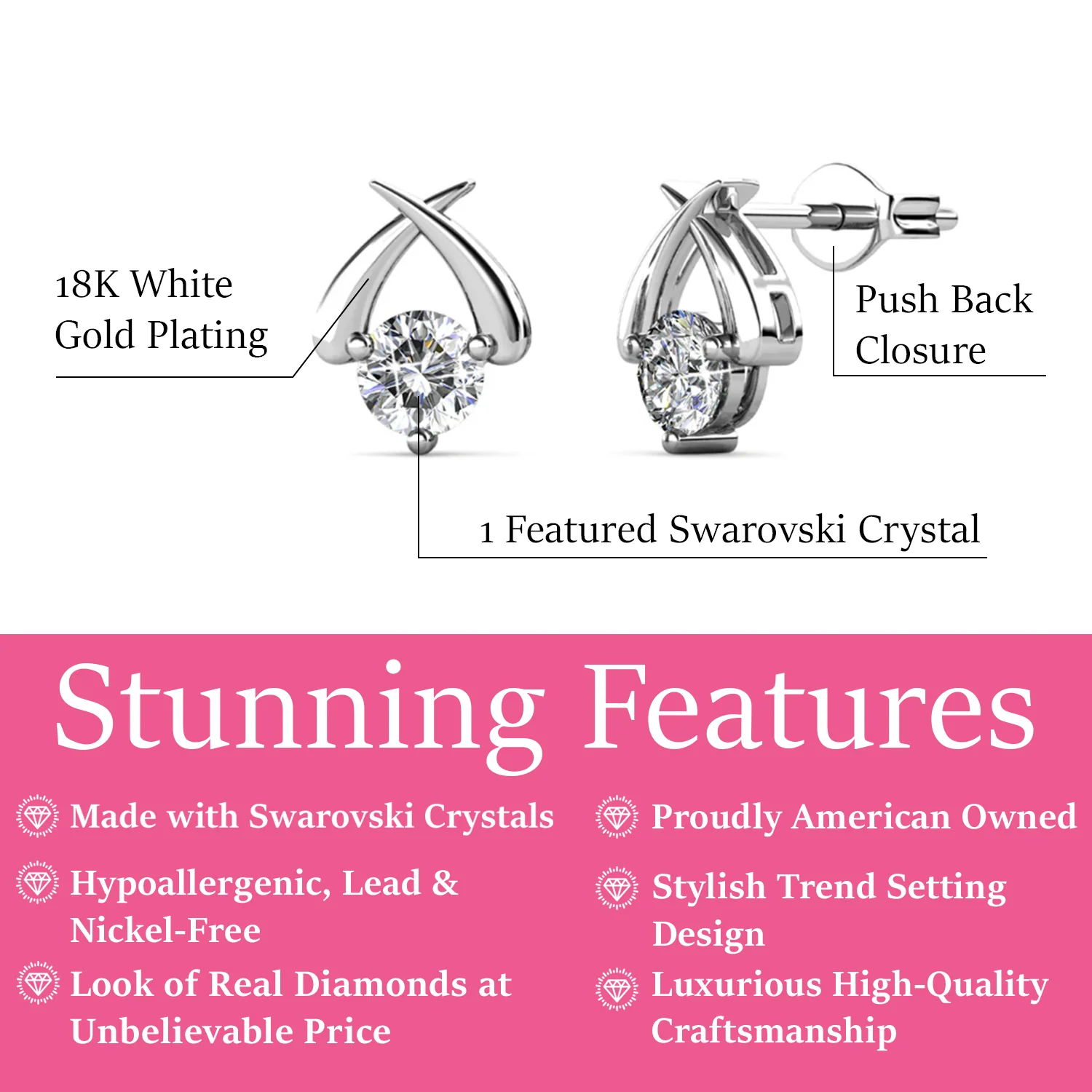 Eloise 18k White Gold Plated Stud Earrings with Solitaire Round Cut Swarovski Crystal - Image 3