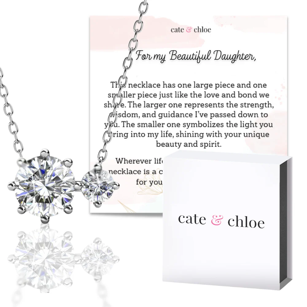 Emma 18k White Gold Plated 2-Stone Pendant Necklace with Swarovski Crystals & Heartfelt Message for Daughter