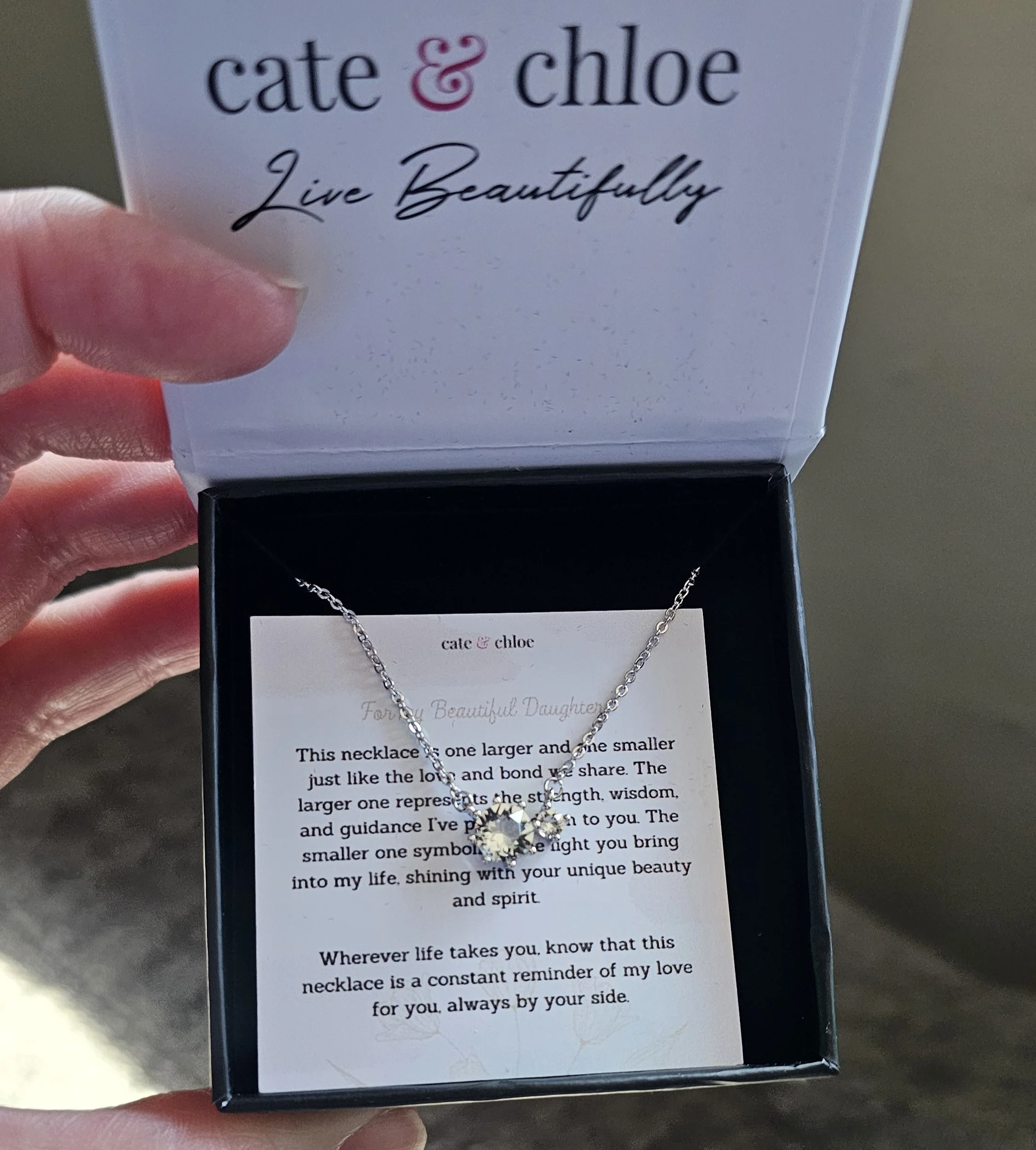 Emma 18k White Gold Plated 2-Stone Pendant Necklace with Swarovski Crystals & Heartfelt Message for Daughter - Image 8
