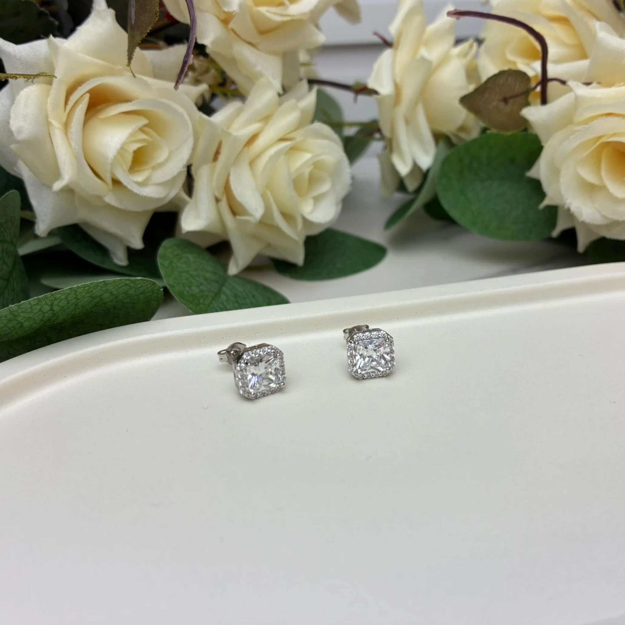 Estelle 18k White Gold Plated Halo Stud Earrings with Simulated Diamond Crystals — Fab Fav - Image 7