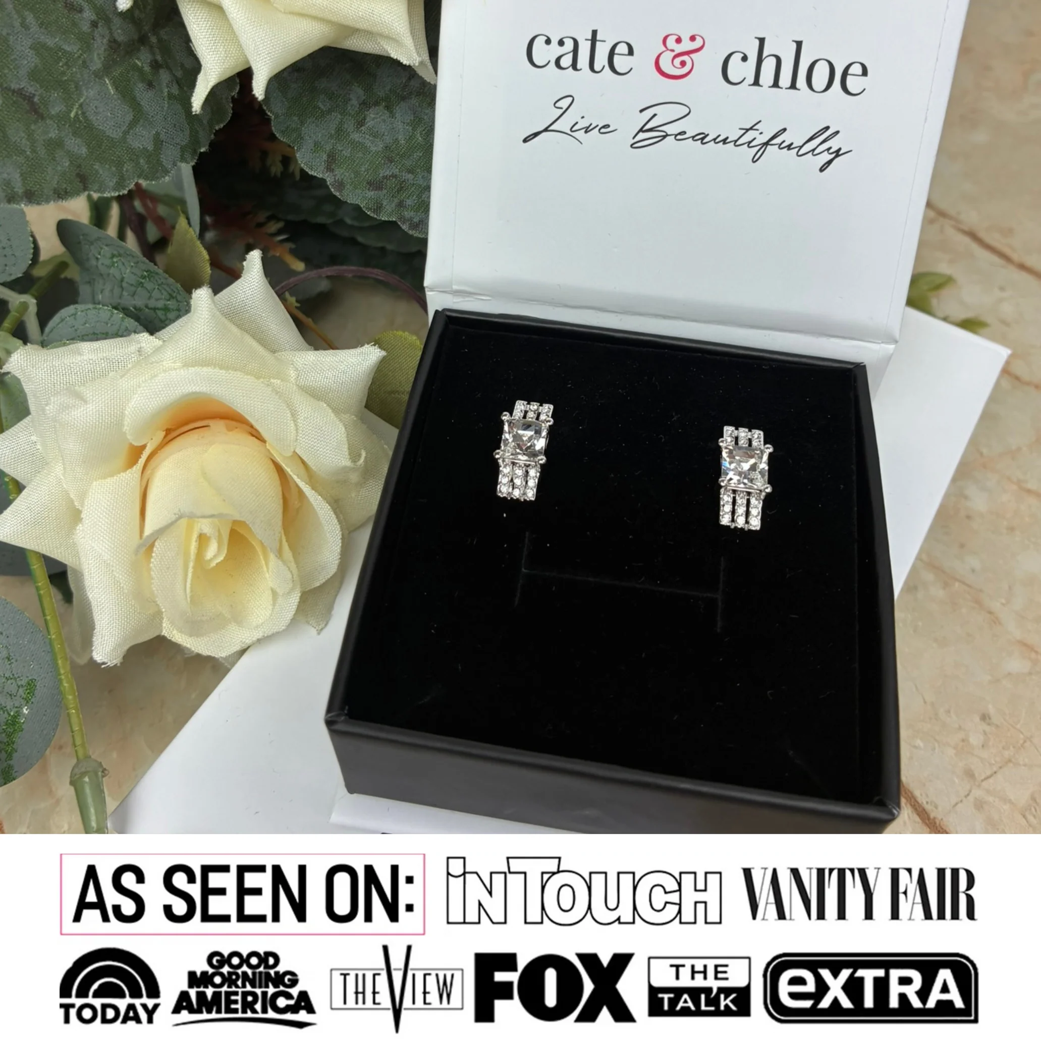 Fiona 18k White Gold Stud Plated Earrings with Princess Cut Swarovski Crystals - Image 2