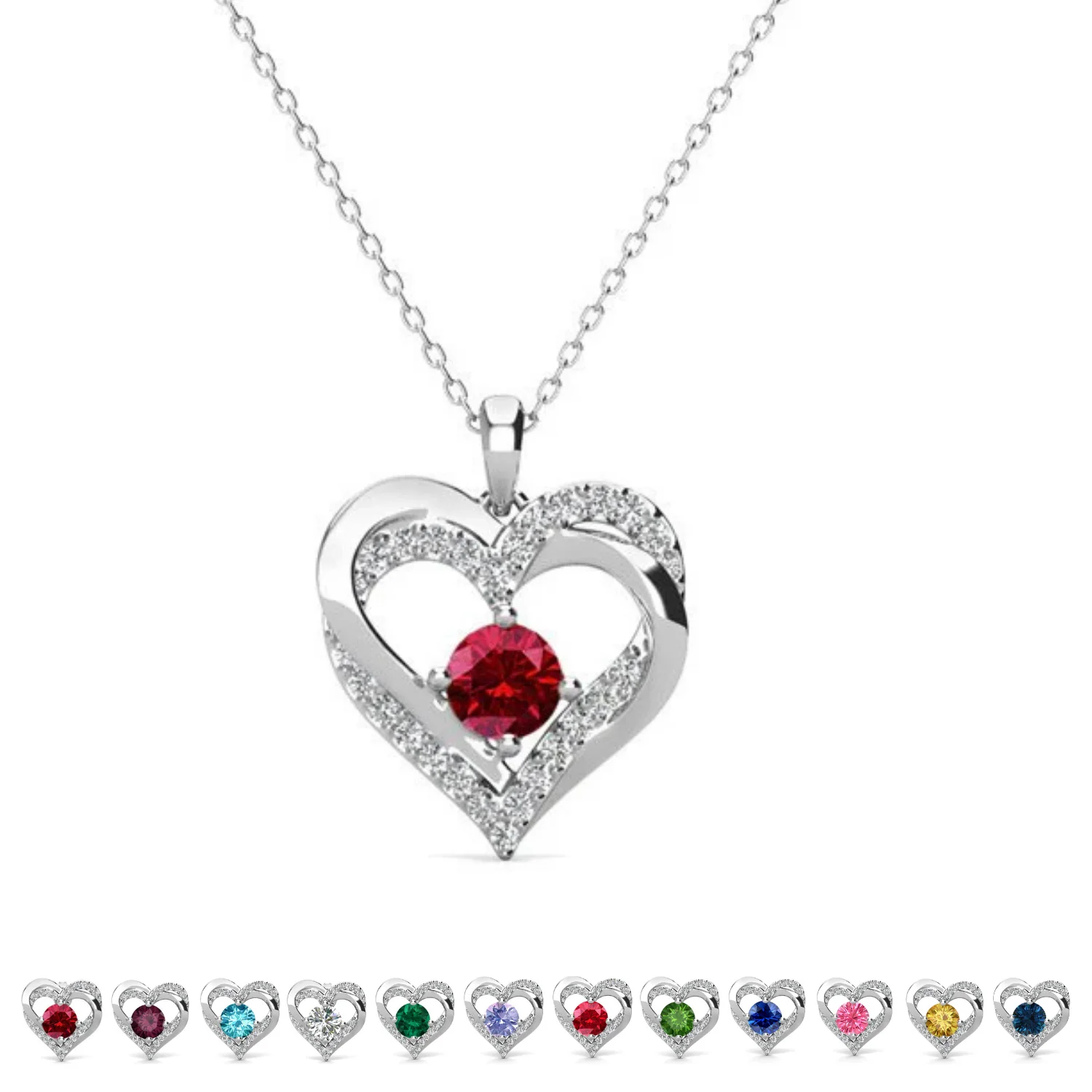 Forever Birthstone 18k White Gold Plated Double Heart Necklace with Swarovski Crystals