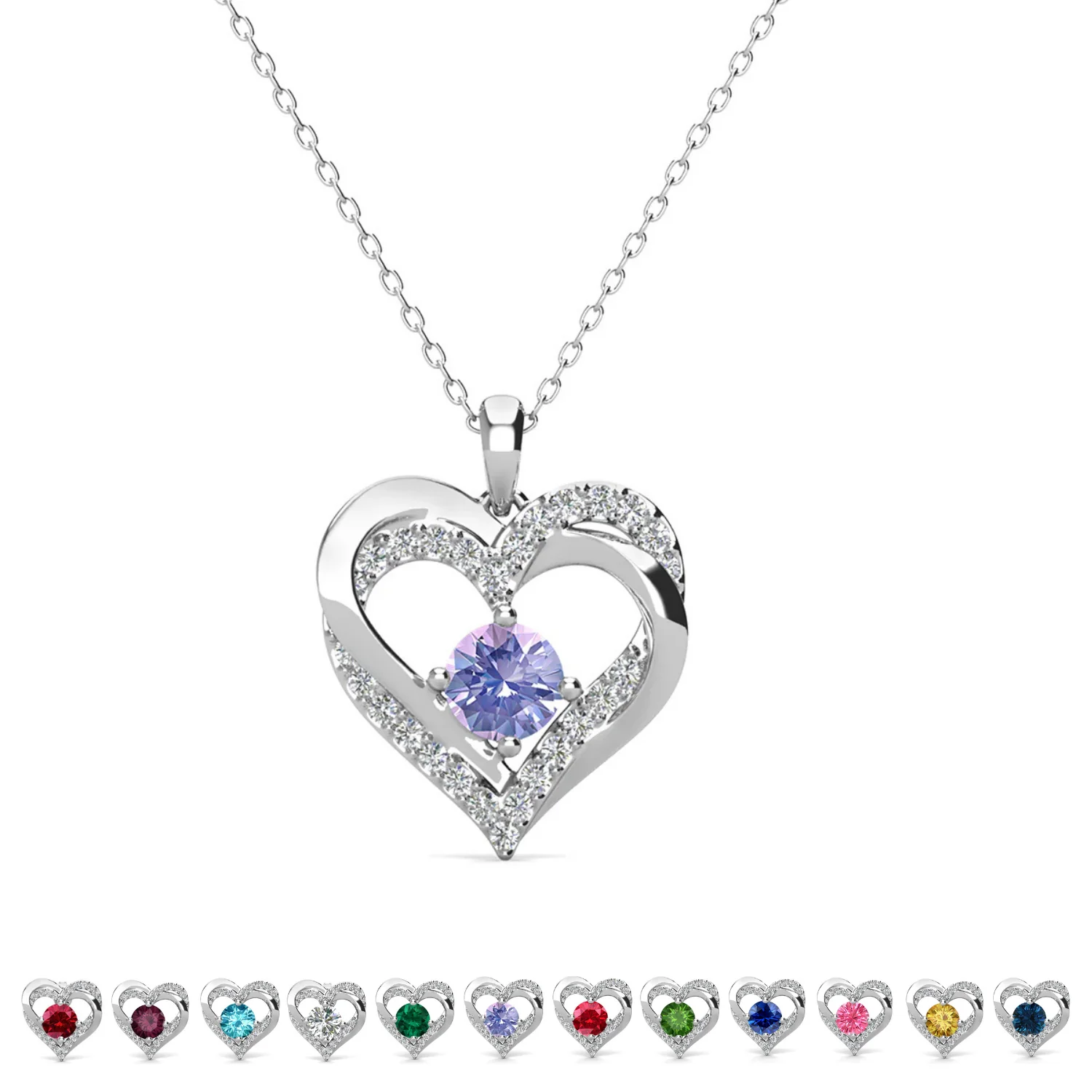 Forever Birthstone 18k White Gold Plated Double Heart Necklace with Swarovski Crystals - Image 20
