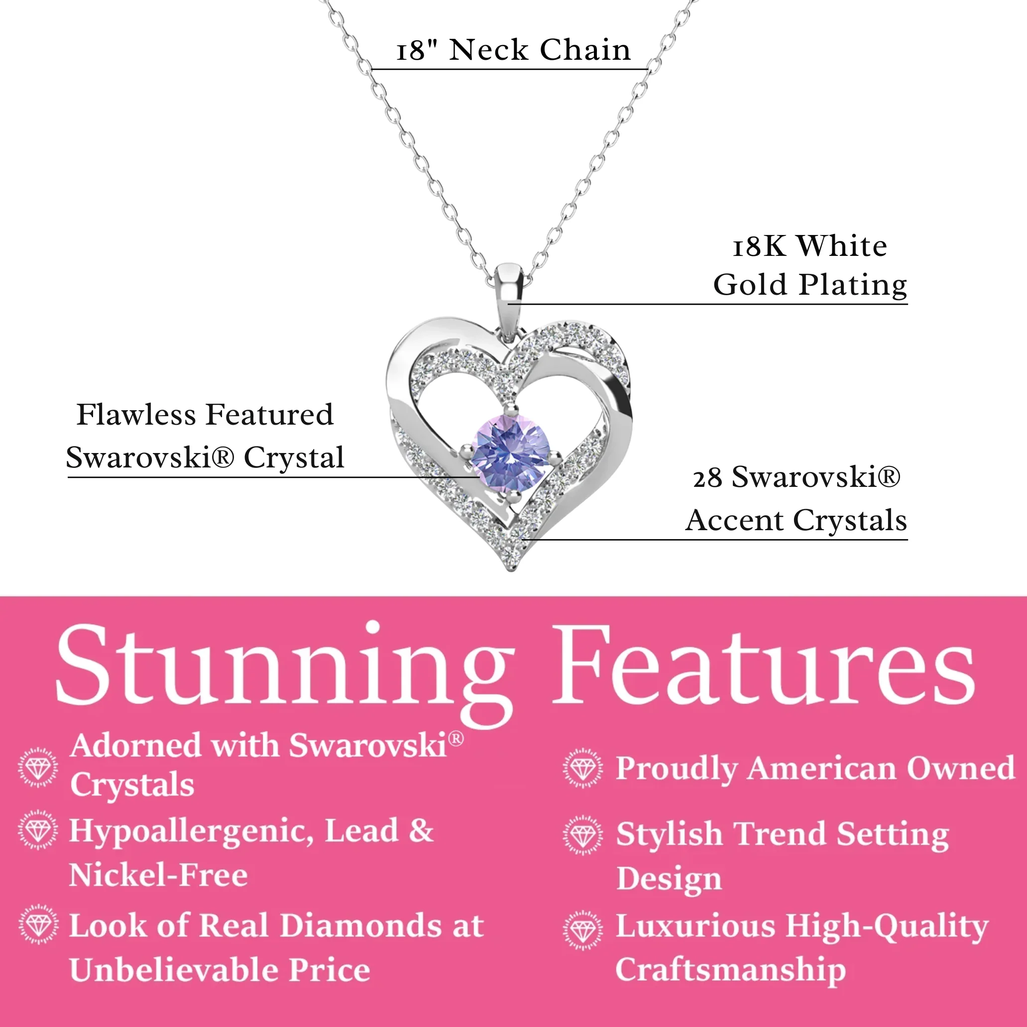 Forever Birthstone 18k White Gold Plated Double Heart Necklace with Swarovski Crystals - Image 21