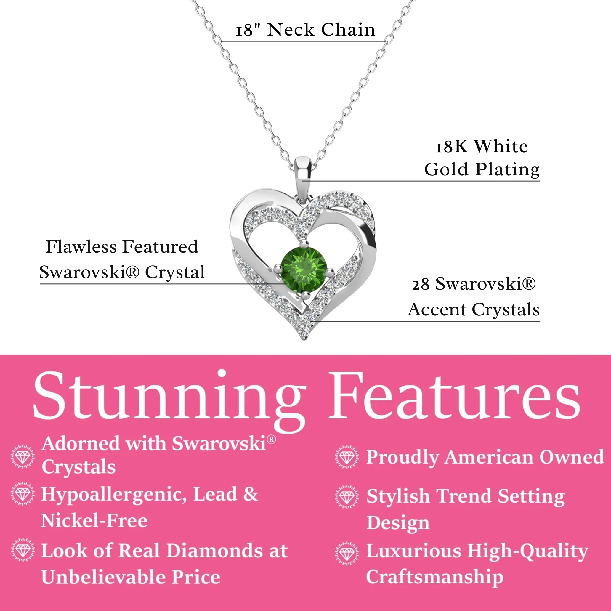 Forever Birthstone 18k White Gold Plated Double Heart Necklace with Swarovski Crystals - Image 27
